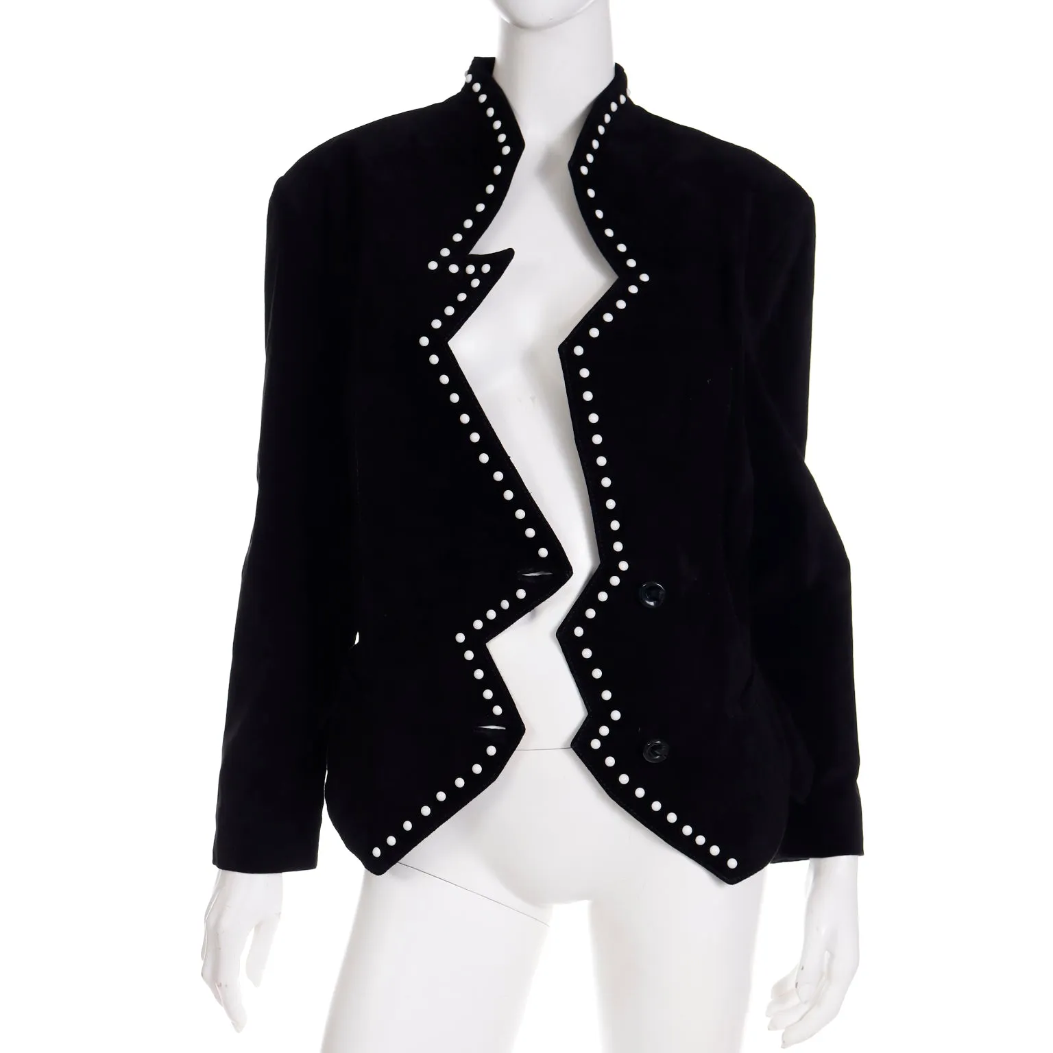 1980s Vintage Black Suede Avant Garde Zig Zag Jacket W White Studs