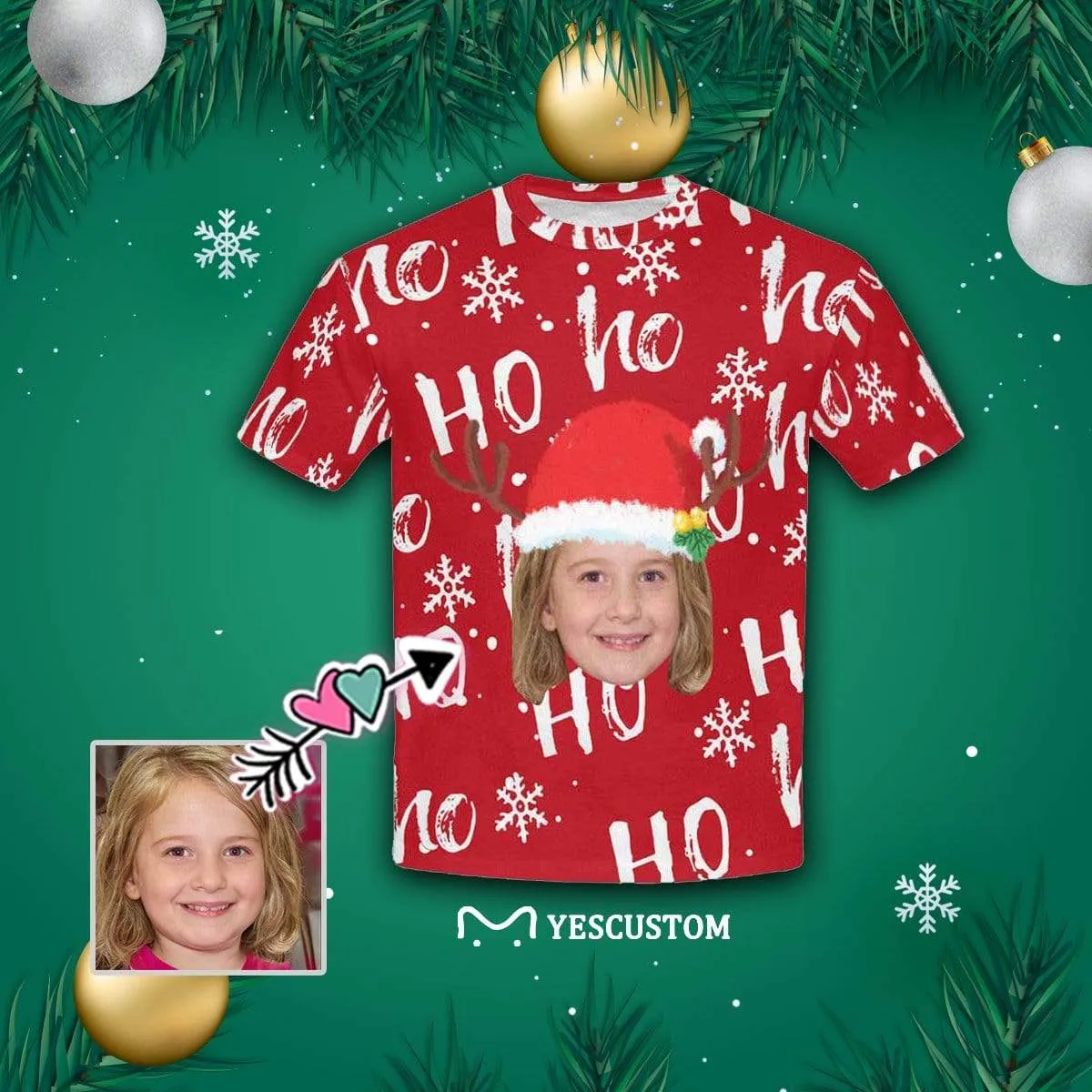 #6-15Y Custom Face Christmas Ho Red Kid's All Over Print T-shirt