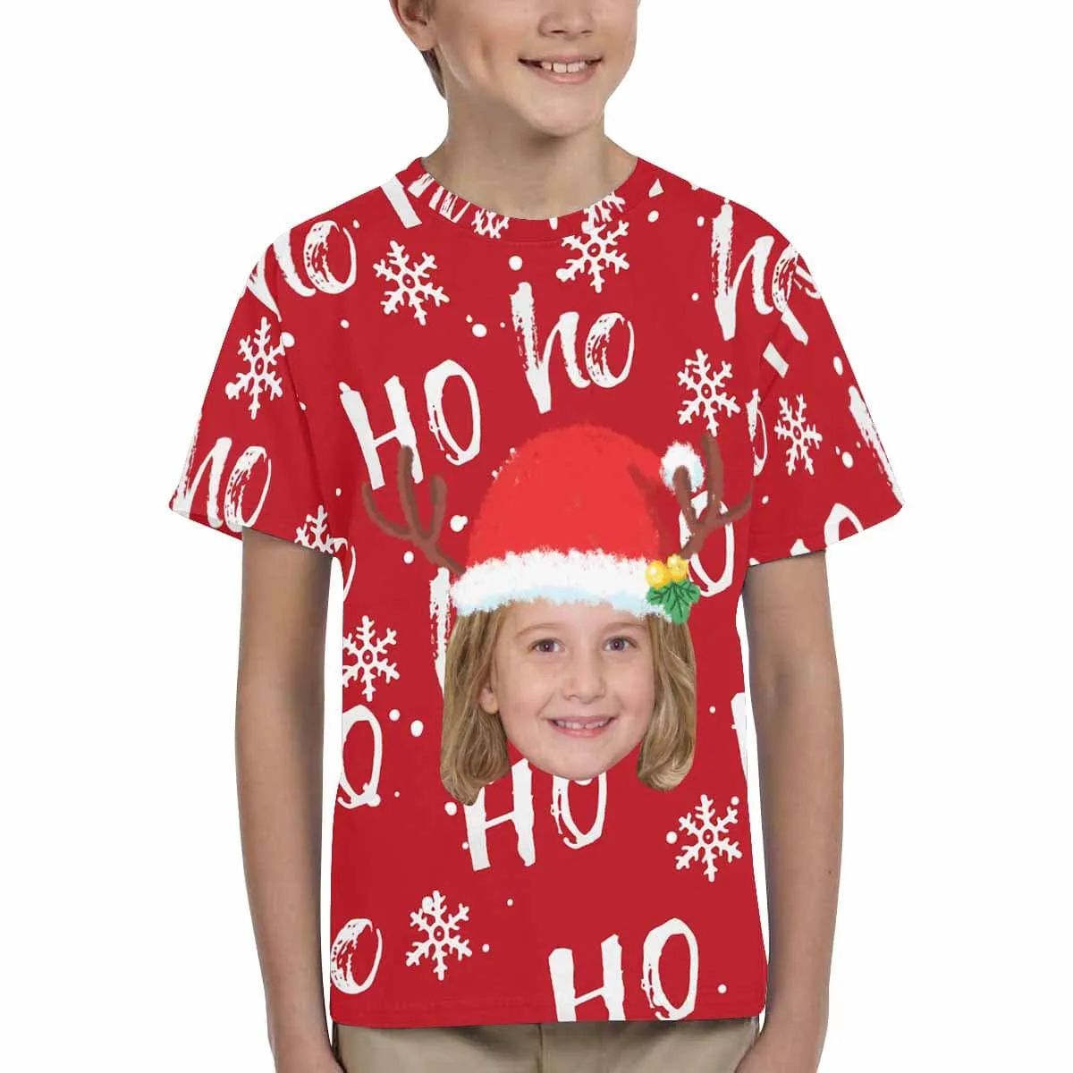 #6-15Y Custom Face Christmas Ho Red Kid's All Over Print T-shirt