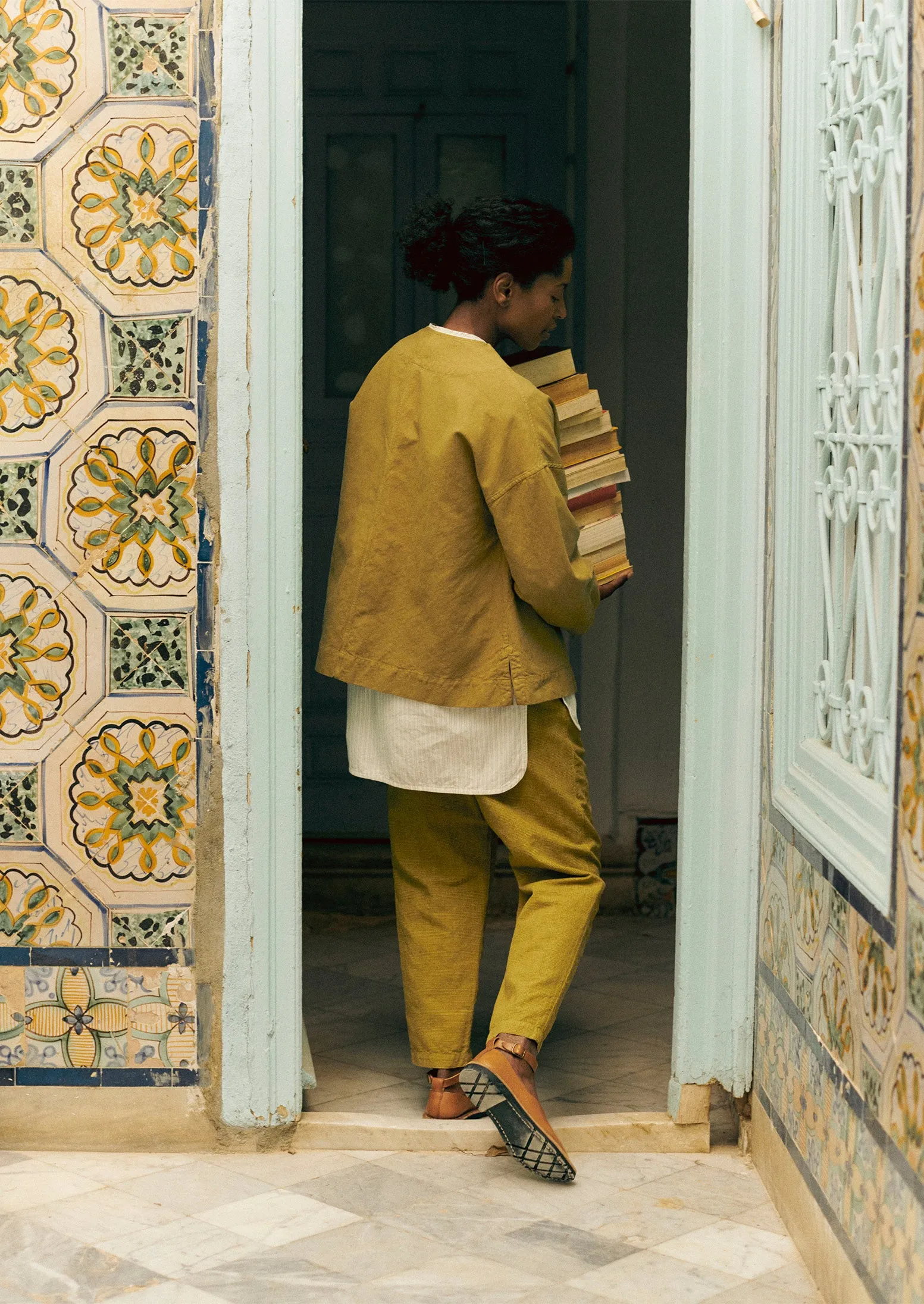 Alix Cotton Check Trousers | Golden Olive