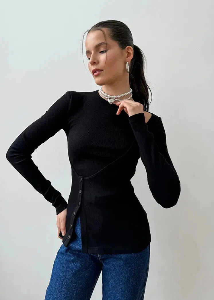 Asymmetric Cutout Black Knit Top