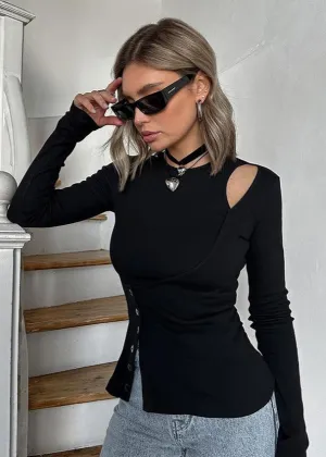 Asymmetric Cutout Black Knit Top