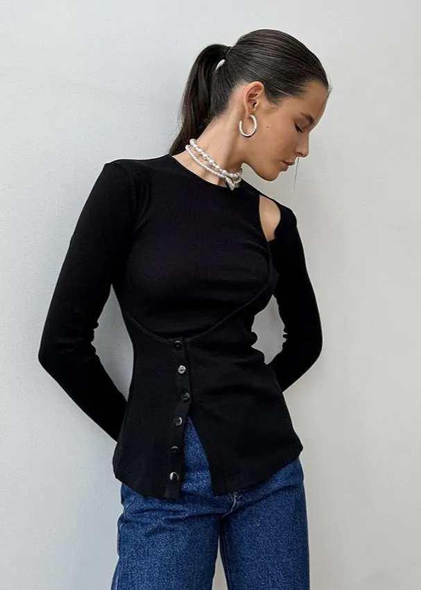 Asymmetric Cutout Black Knit Top