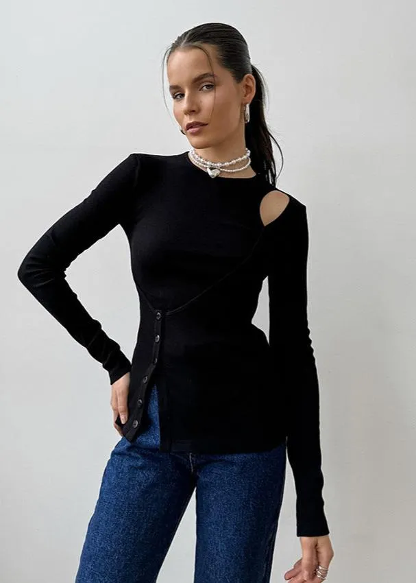 Asymmetric Cutout Black Knit Top