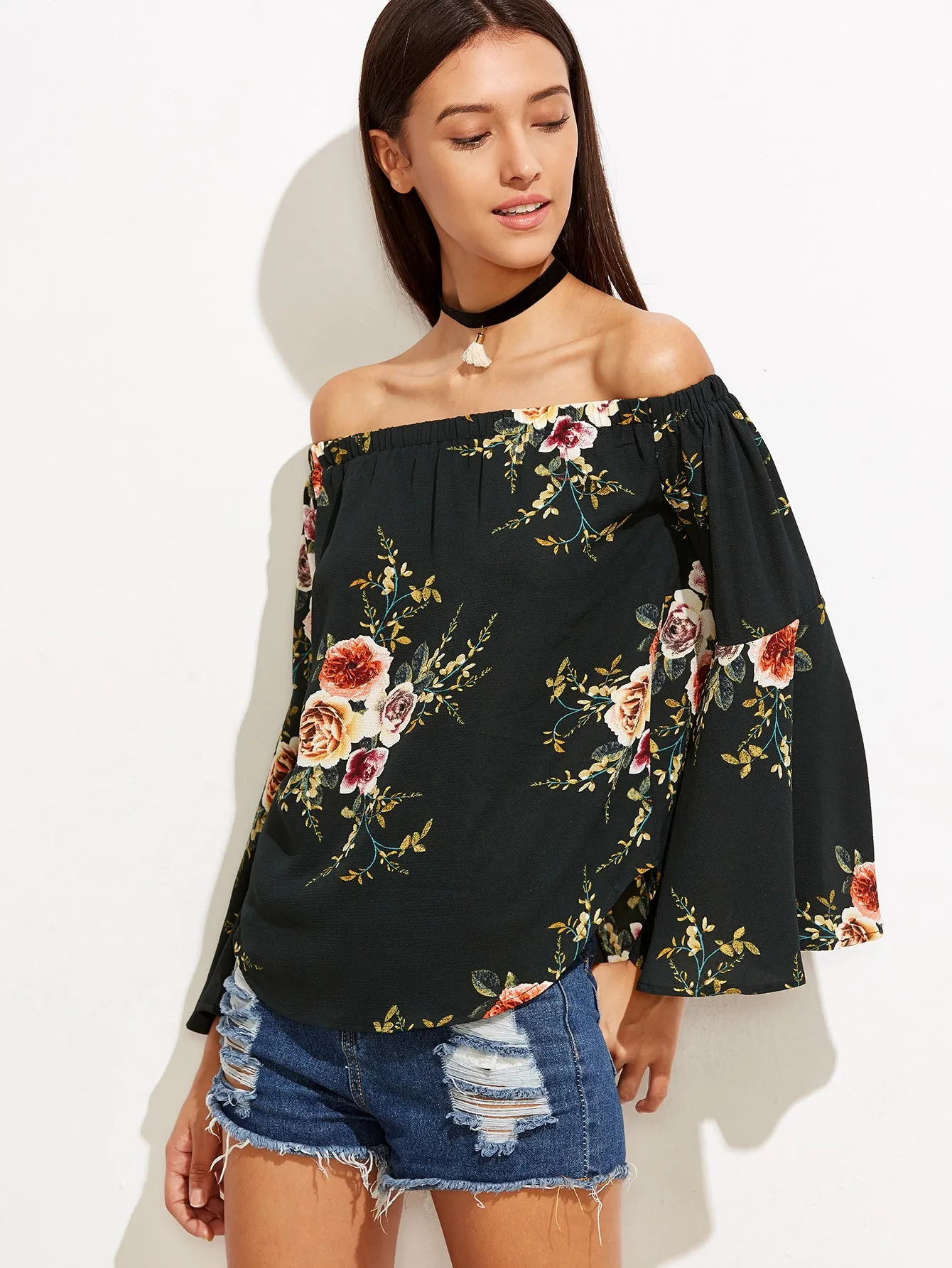 Black Floral Print Off Shoulder Top