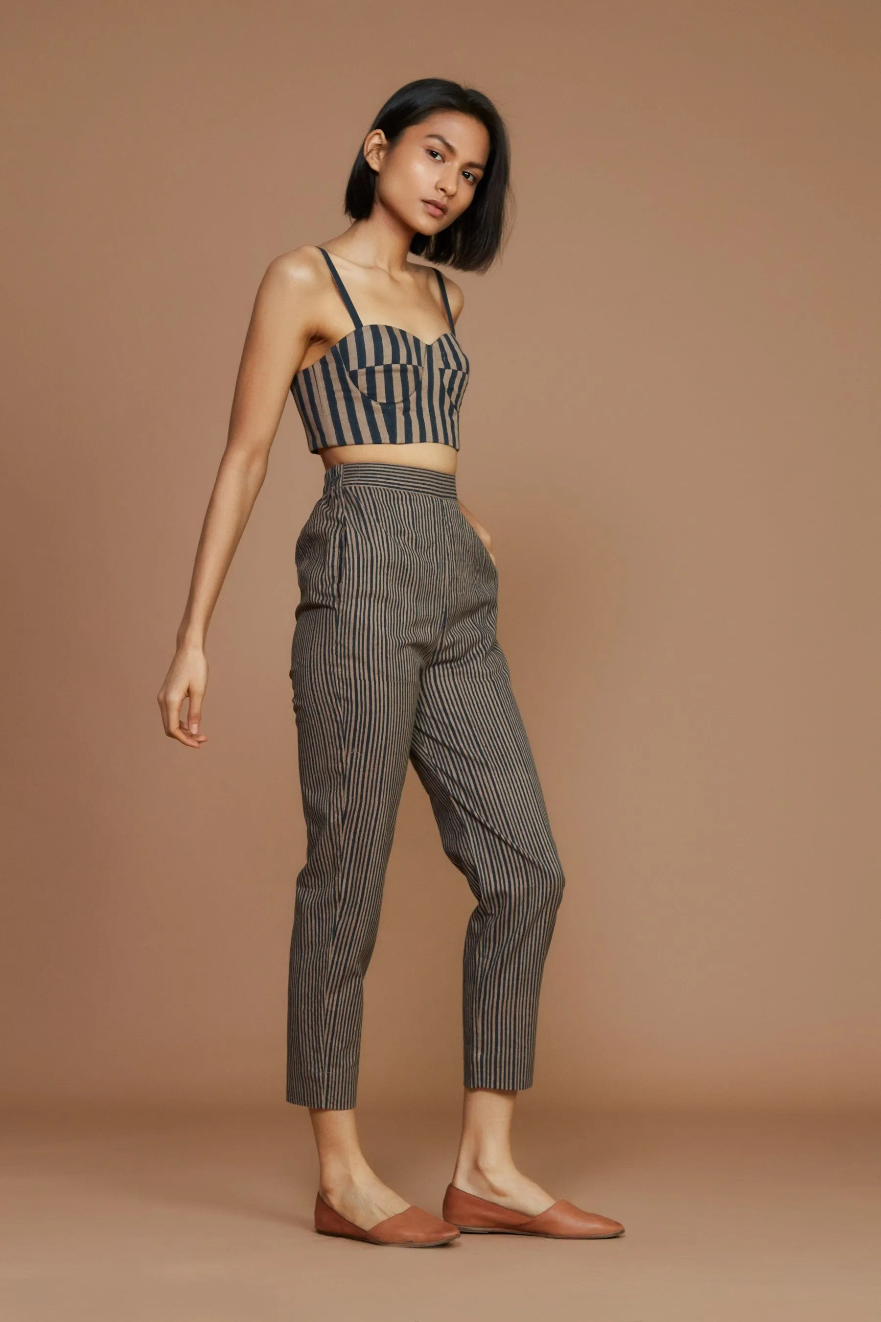 Brown with Charcoal Striped Corset & Pant Co-Ord Set (2 PCS)