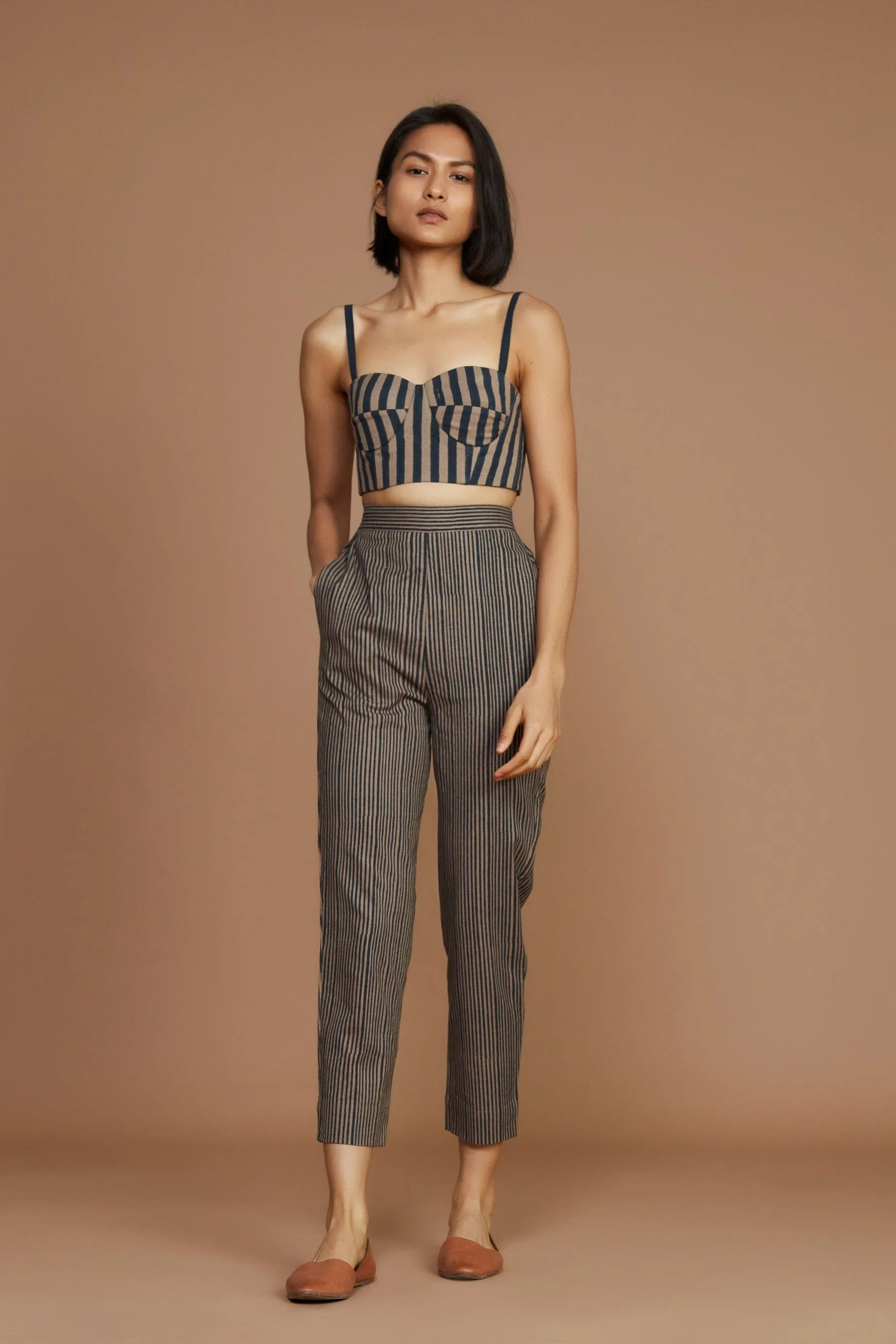 Brown with Charcoal Striped Corset & Pant Co-Ord Set (2 PCS)