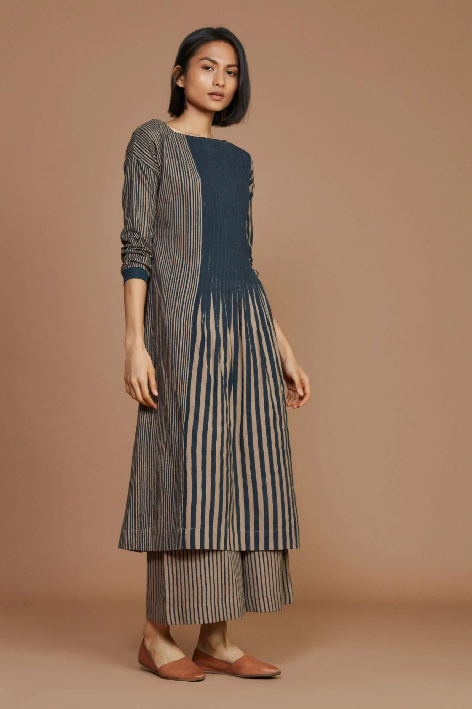 Brown With Charcoal Striped Pleated Co-Ord Set (Ready to Ship)