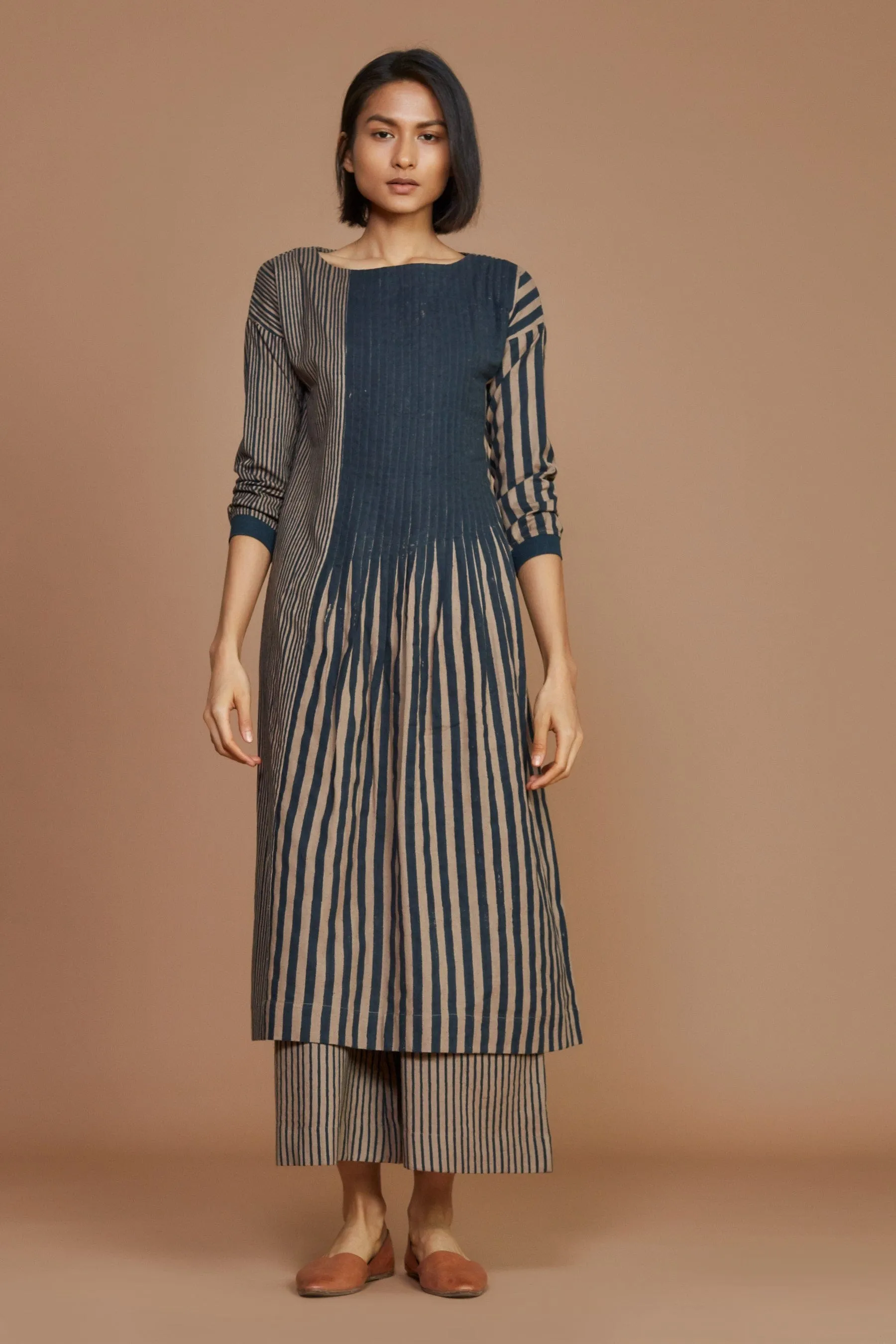 Brown With Charcoal Striped Pleated Co-Ord Set (Ready to Ship)