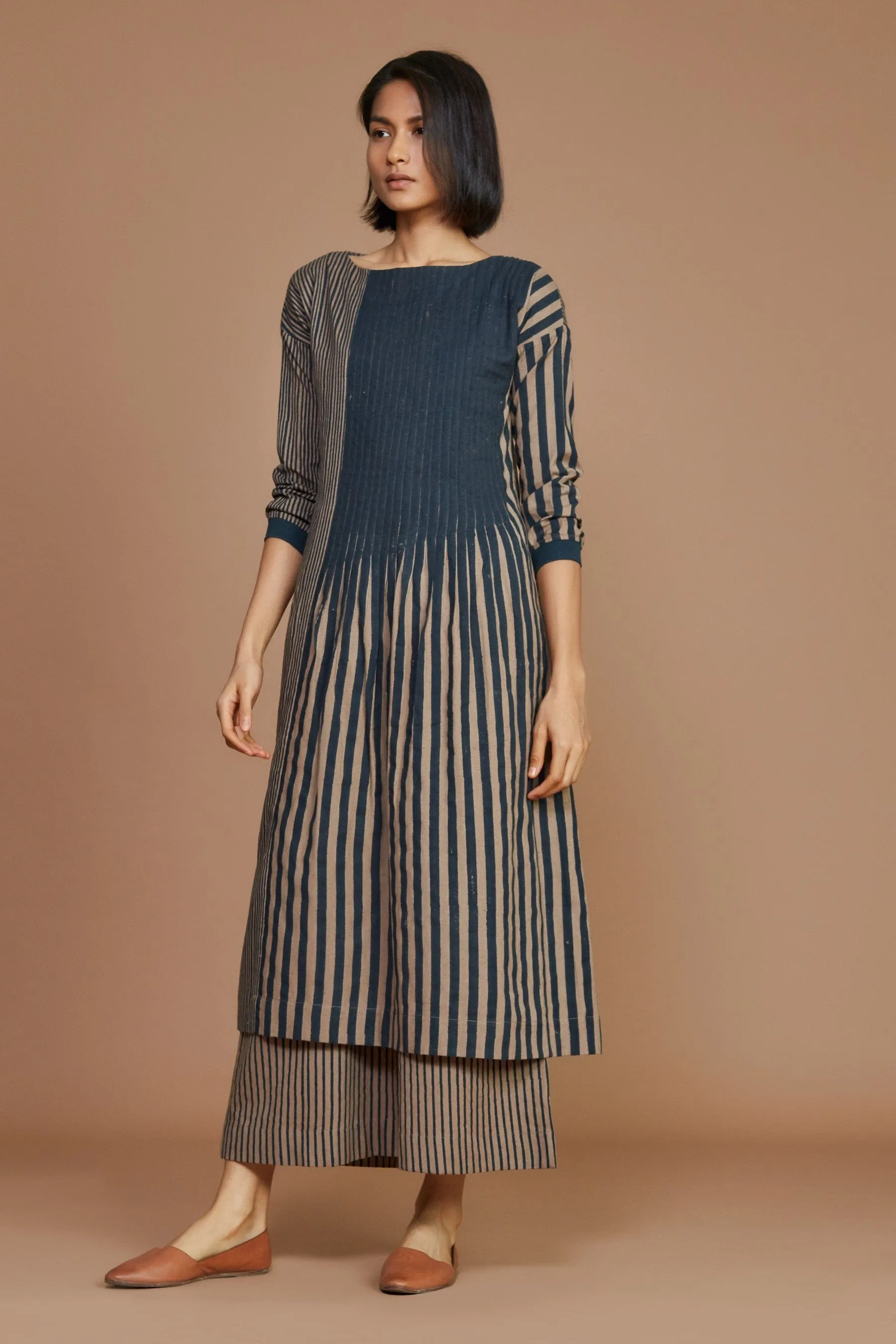 Brown With Charcoal Striped Pleated Co-Ord Set (Ready to Ship)