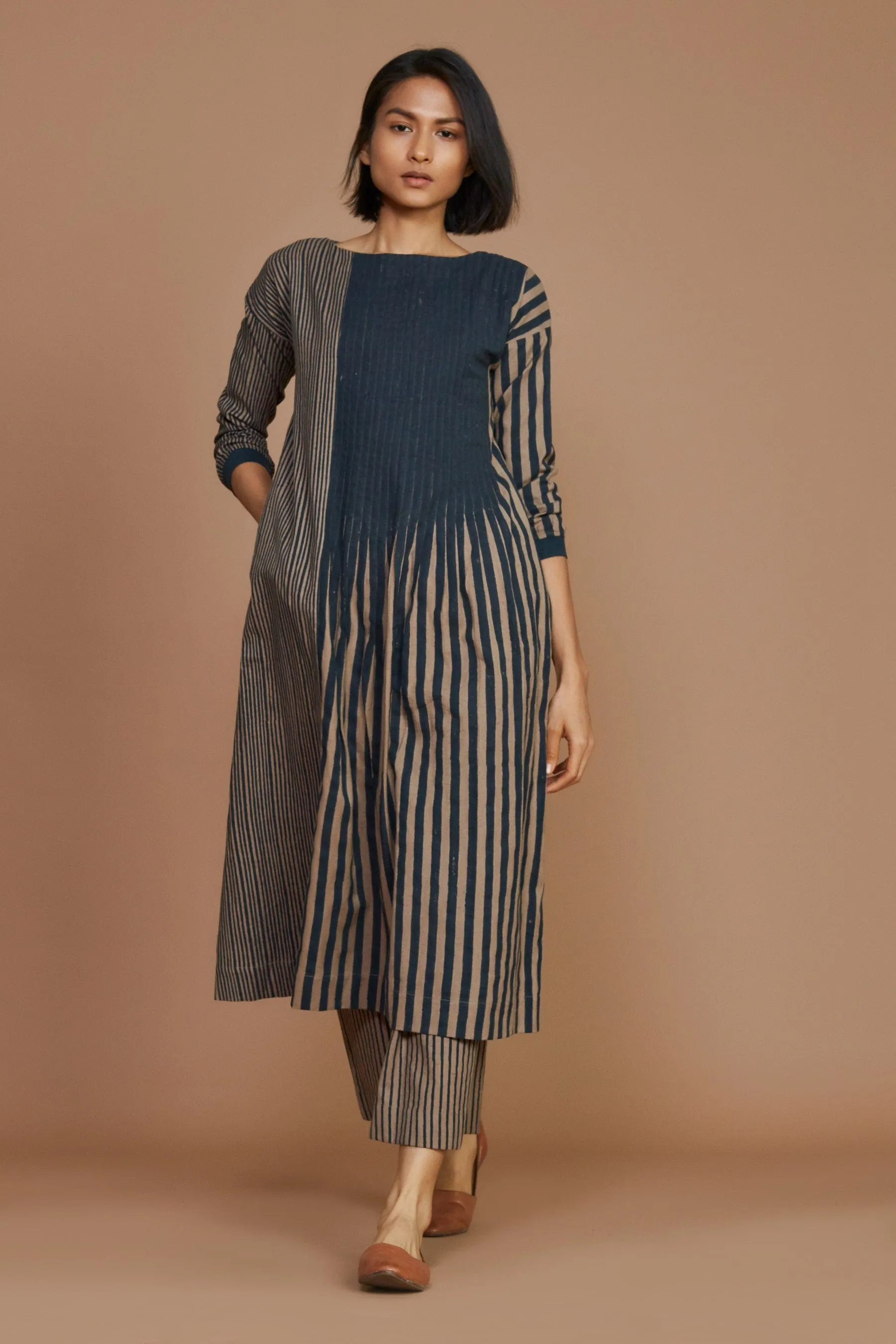 Brown With Charcoal Striped Pleated Co-Ord Set (Ready to Ship)