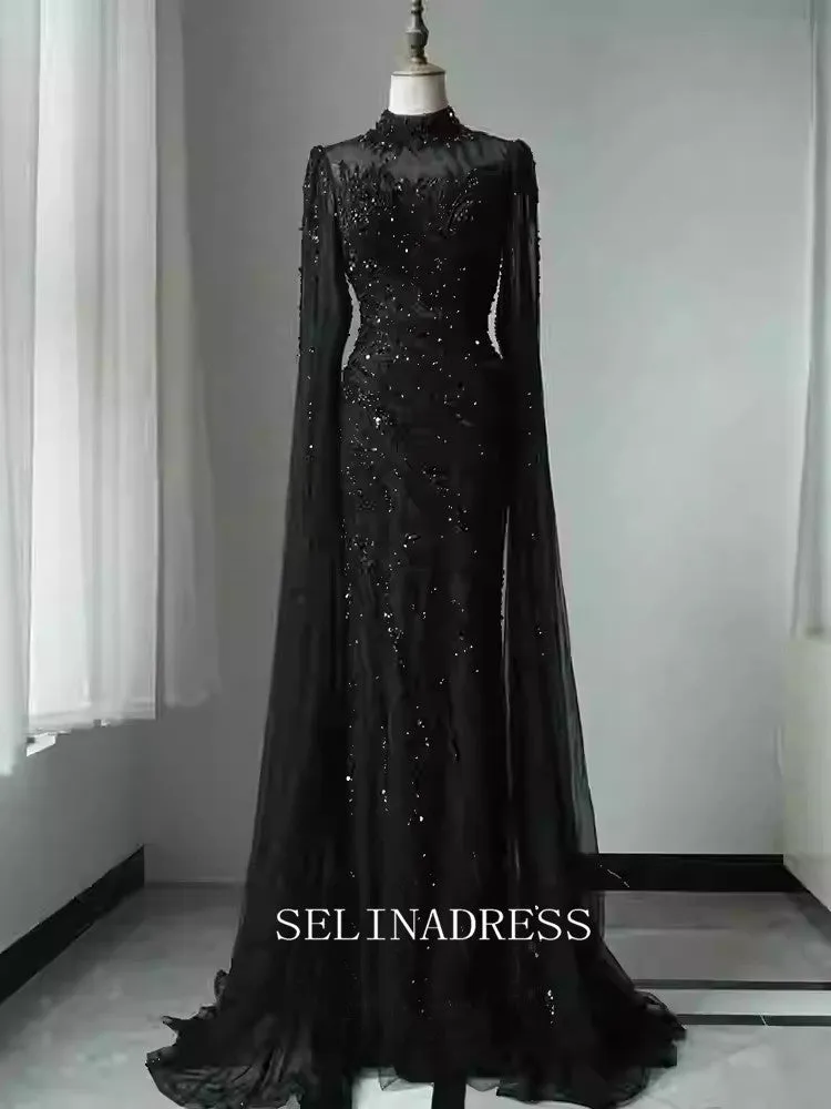 Chic Mermaid High Neck Long Sleeve Beaded Prom Dresses Elegant Evening Dress TKL3088