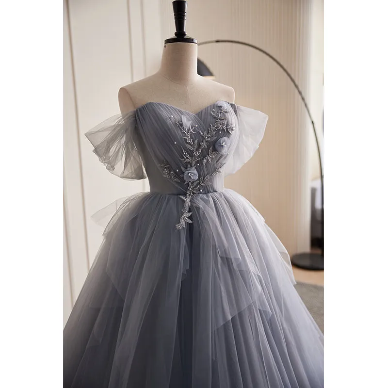 Chic Off-the-shoulder Elegant Ball Gown Beaded Princess Dress Tulle Evening Dress #LOP288