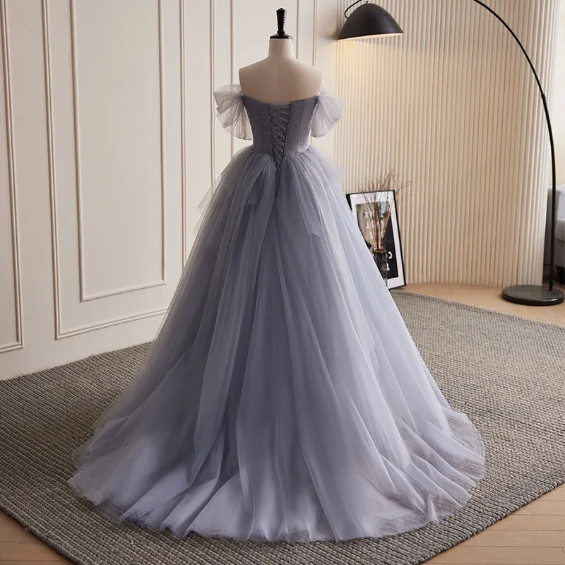 Chic Off-the-shoulder Elegant Ball Gown Beaded Princess Dress Tulle Evening Dress #LOP288