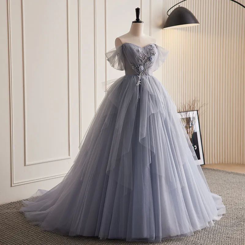 Chic Off-the-shoulder Elegant Ball Gown Beaded Princess Dress Tulle Evening Dress #LOP288