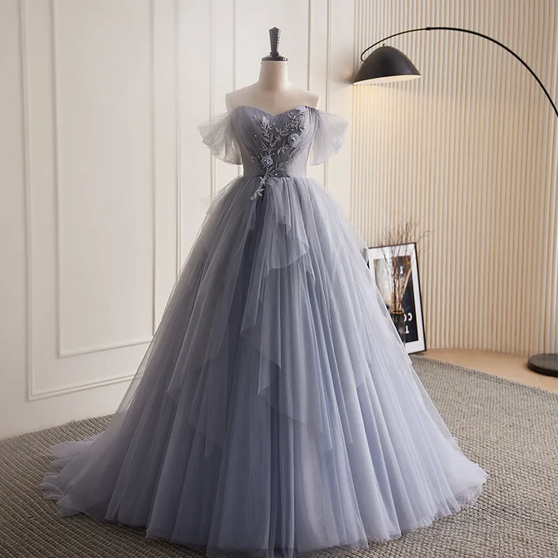 Chic Off-the-shoulder Elegant Ball Gown Beaded Princess Dress Tulle Evening Dress #LOP288