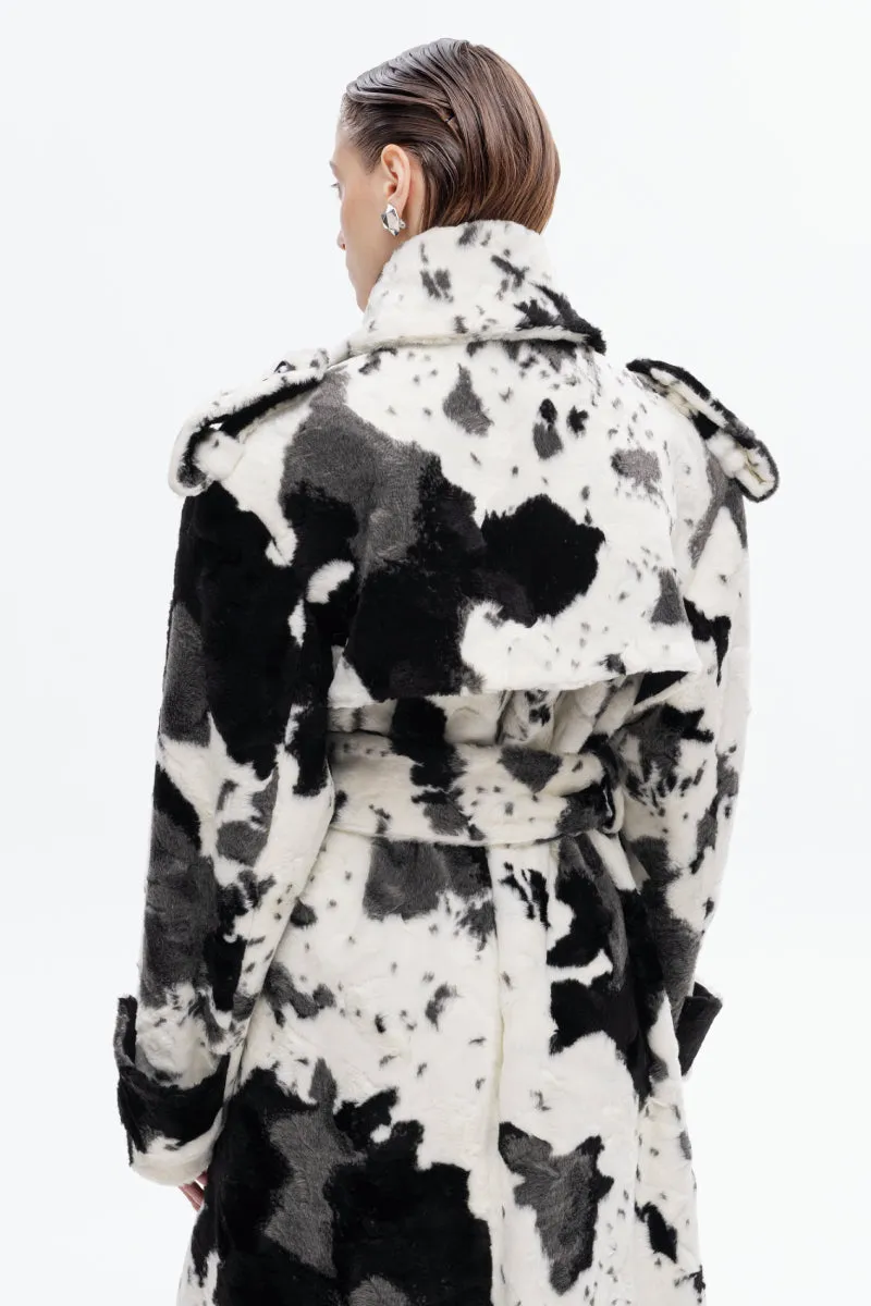 COW PRINT FAUX FUR UTILITARIAN COAT