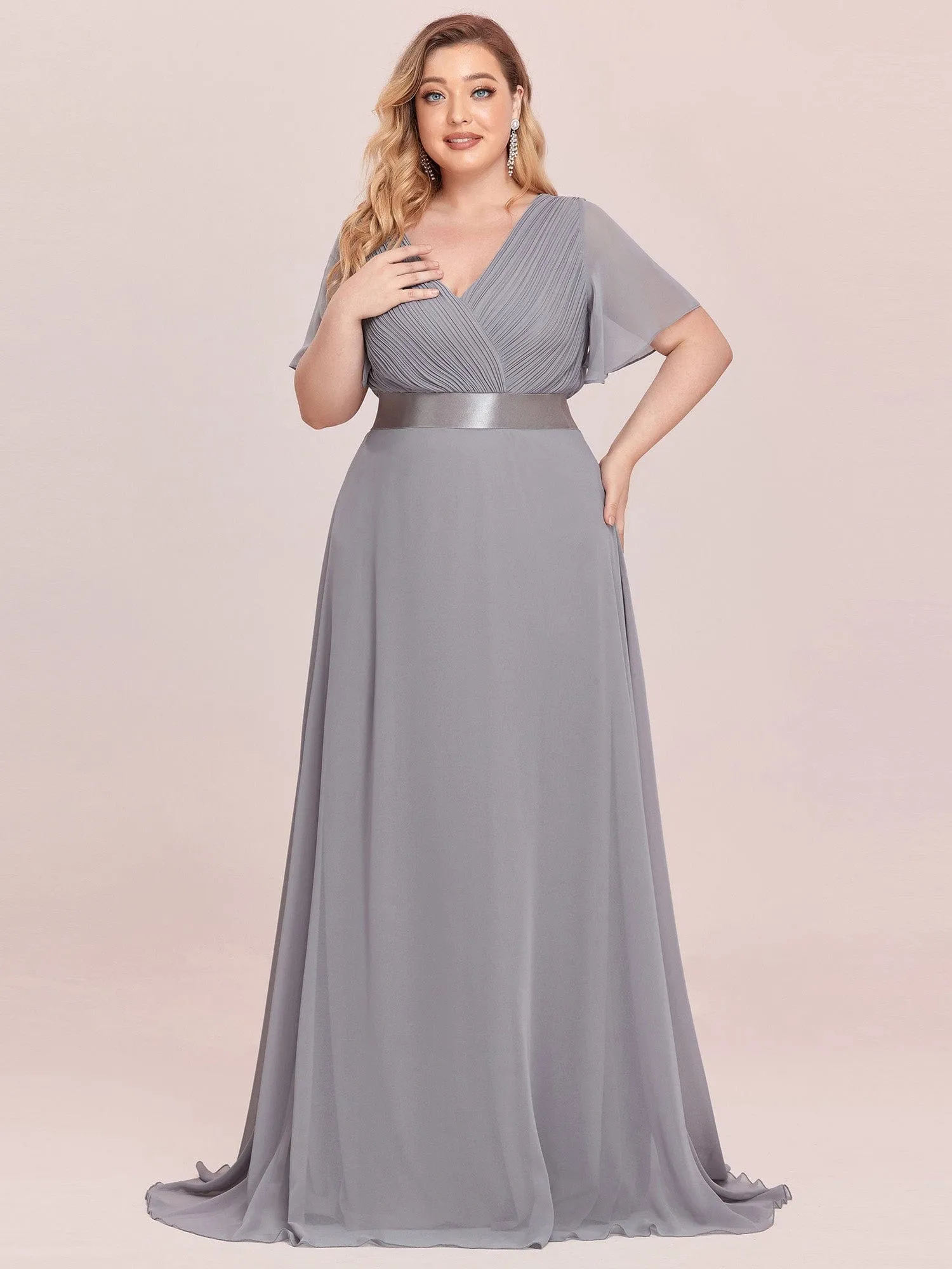 Custom Size Flutter Sleeves Chiffon Empire Waist Bridesmaid Dress