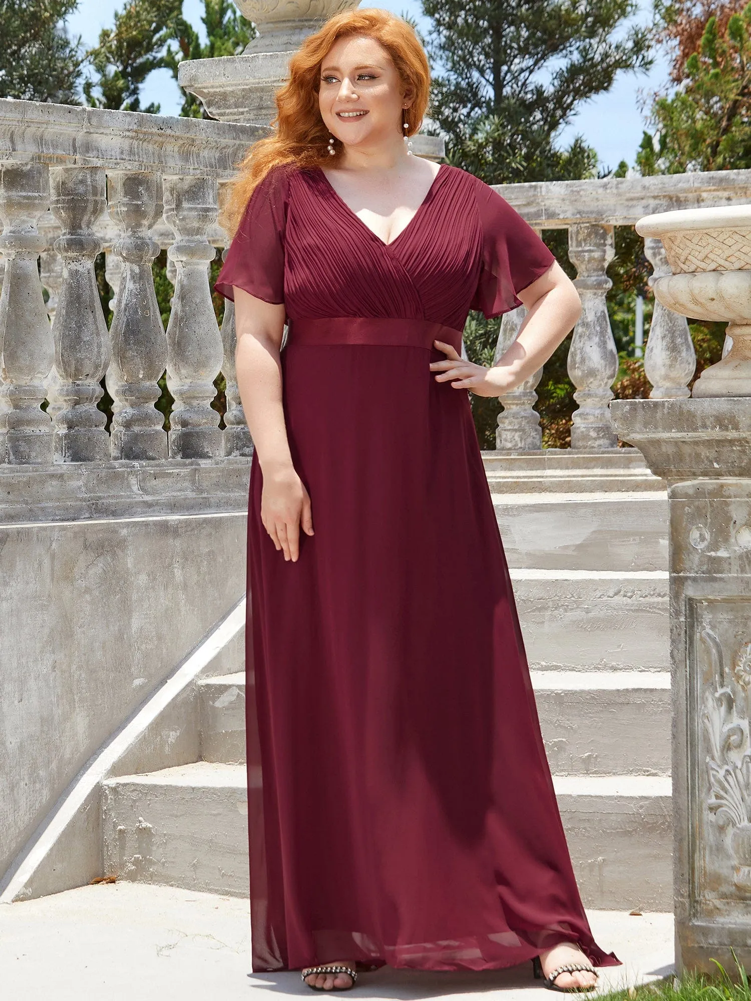 Custom Size Flutter Sleeves Chiffon Empire Waist Bridesmaid Dress