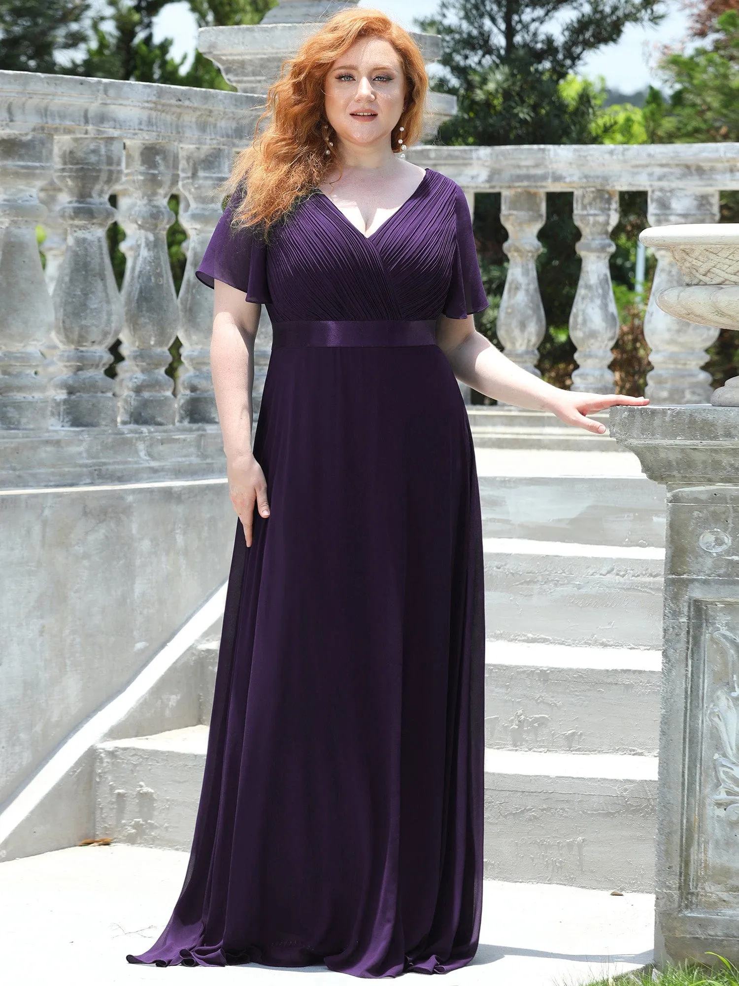 Custom Size Flutter Sleeves Chiffon Empire Waist Bridesmaid Dress