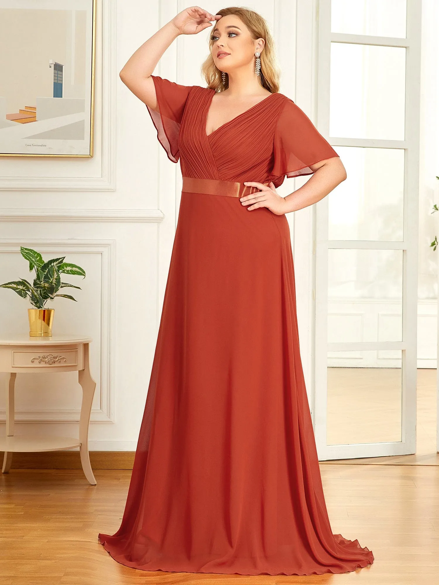 Custom Size Flutter Sleeves Chiffon Empire Waist Bridesmaid Dress