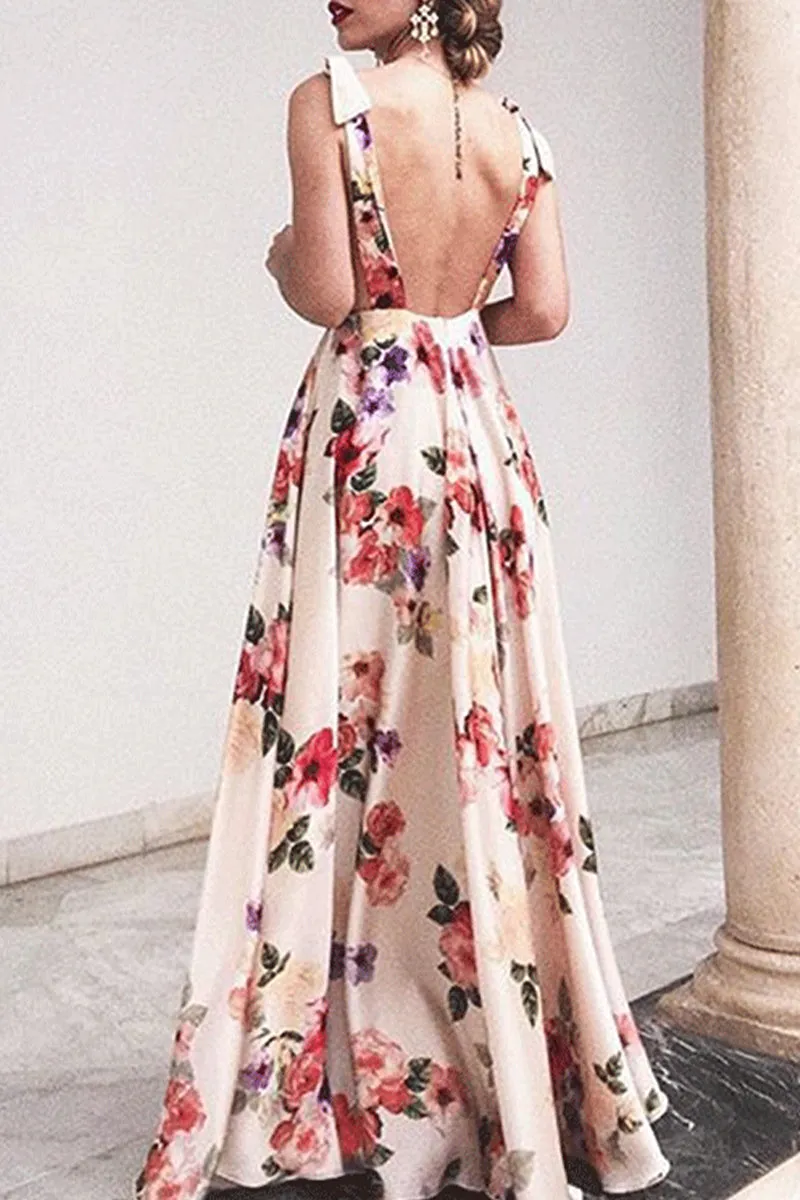 Elegant Floral Backless V Neck Printed Dress Dresses