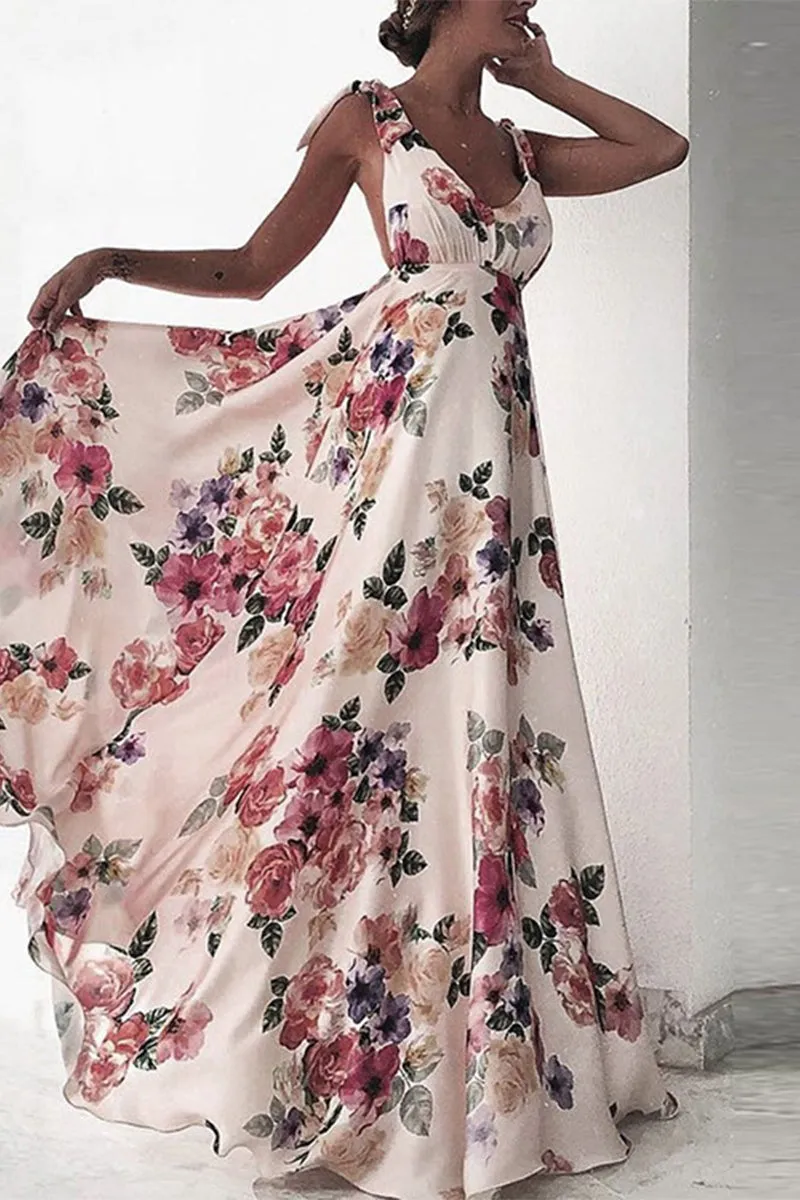 Elegant Floral Backless V Neck Printed Dress Dresses