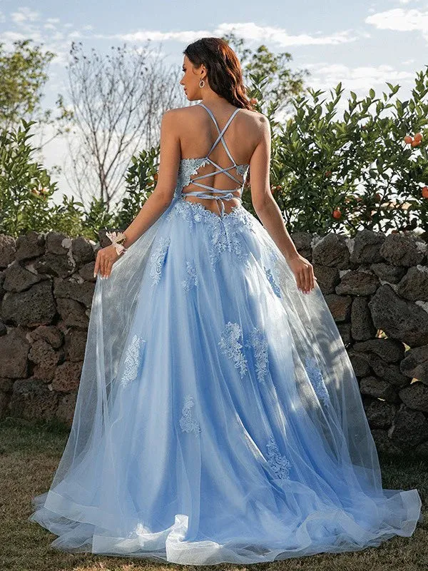 Elegant Sleeveless Blue Spaghetti Straps Applique Prom Dress, DB11023