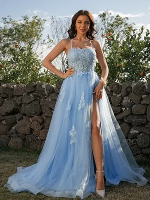 Elegant Sleeveless Blue Spaghetti Straps Applique Prom Dress, DB11023