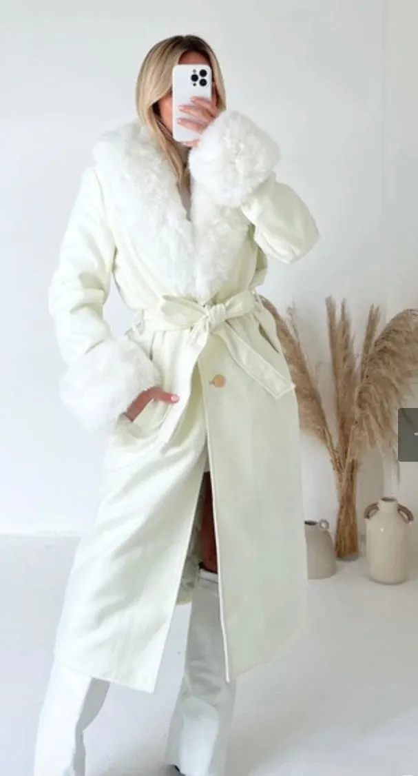 Hazel cream felt faux fur long coat