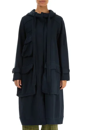 Hooded Three Pockets Midnight Blue Cotton Jacket