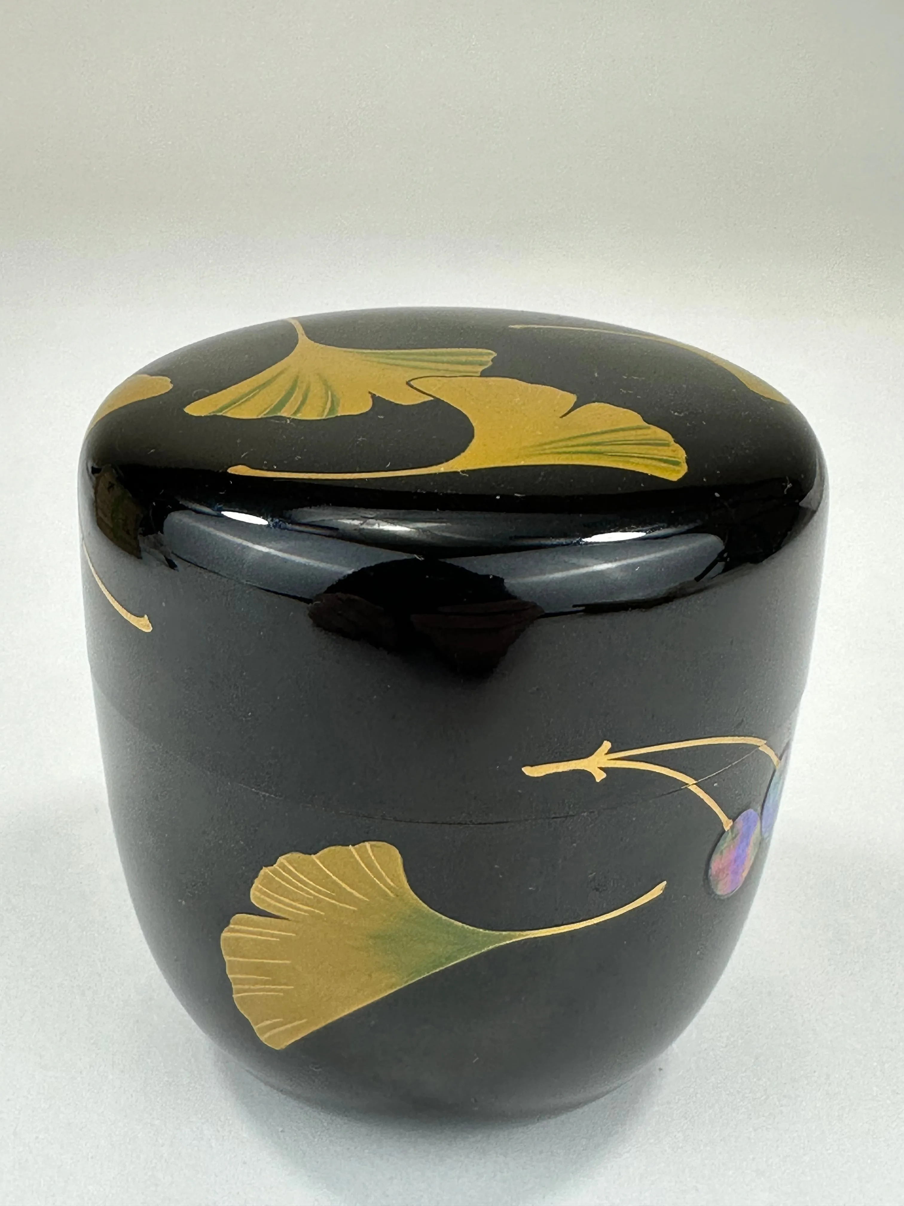 Japanese Tea Ceremony Natsume Black Lacquer Gold Makie Ginko 3”