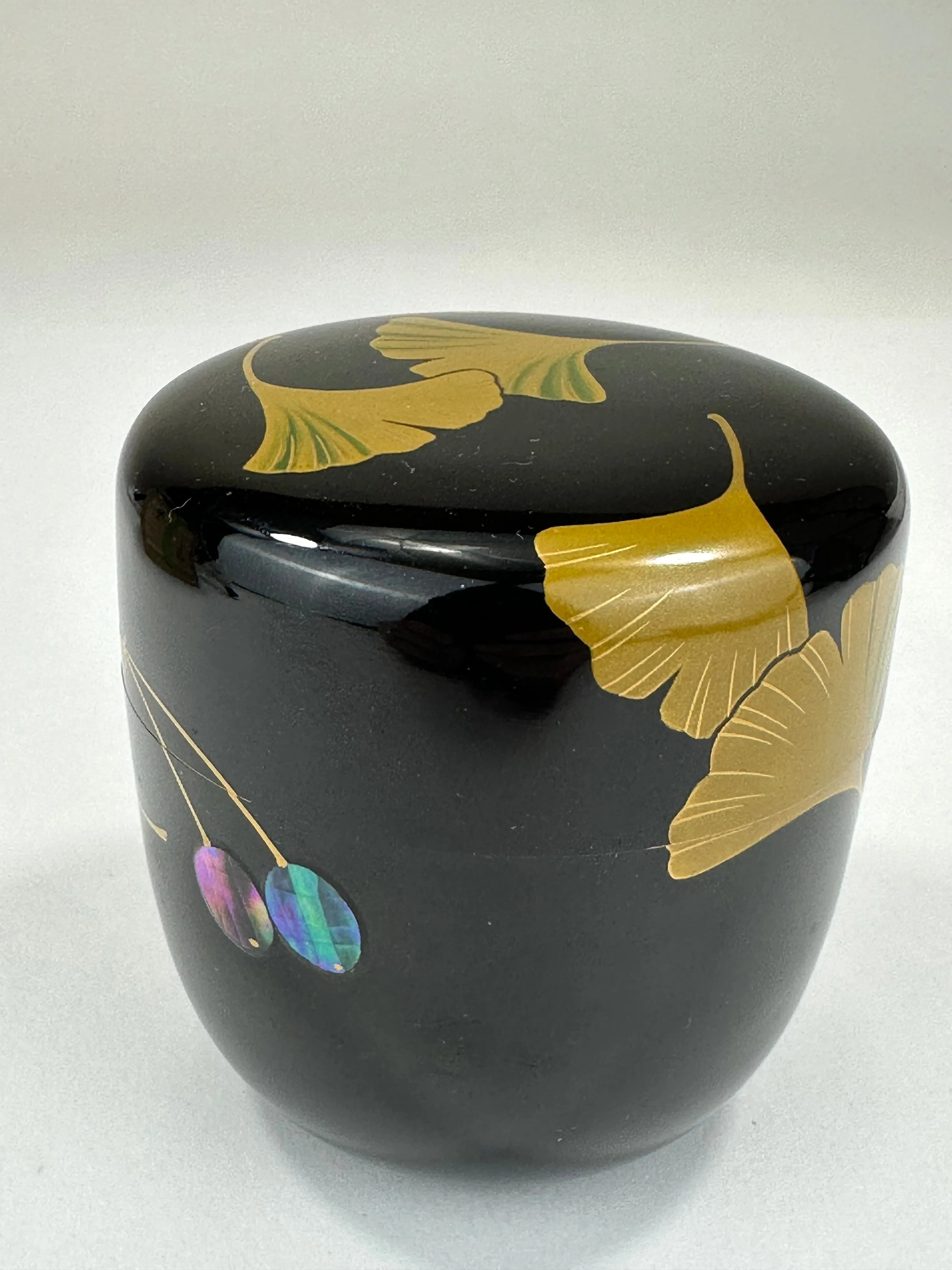 Japanese Tea Ceremony Natsume Black Lacquer Gold Makie Ginko 3”