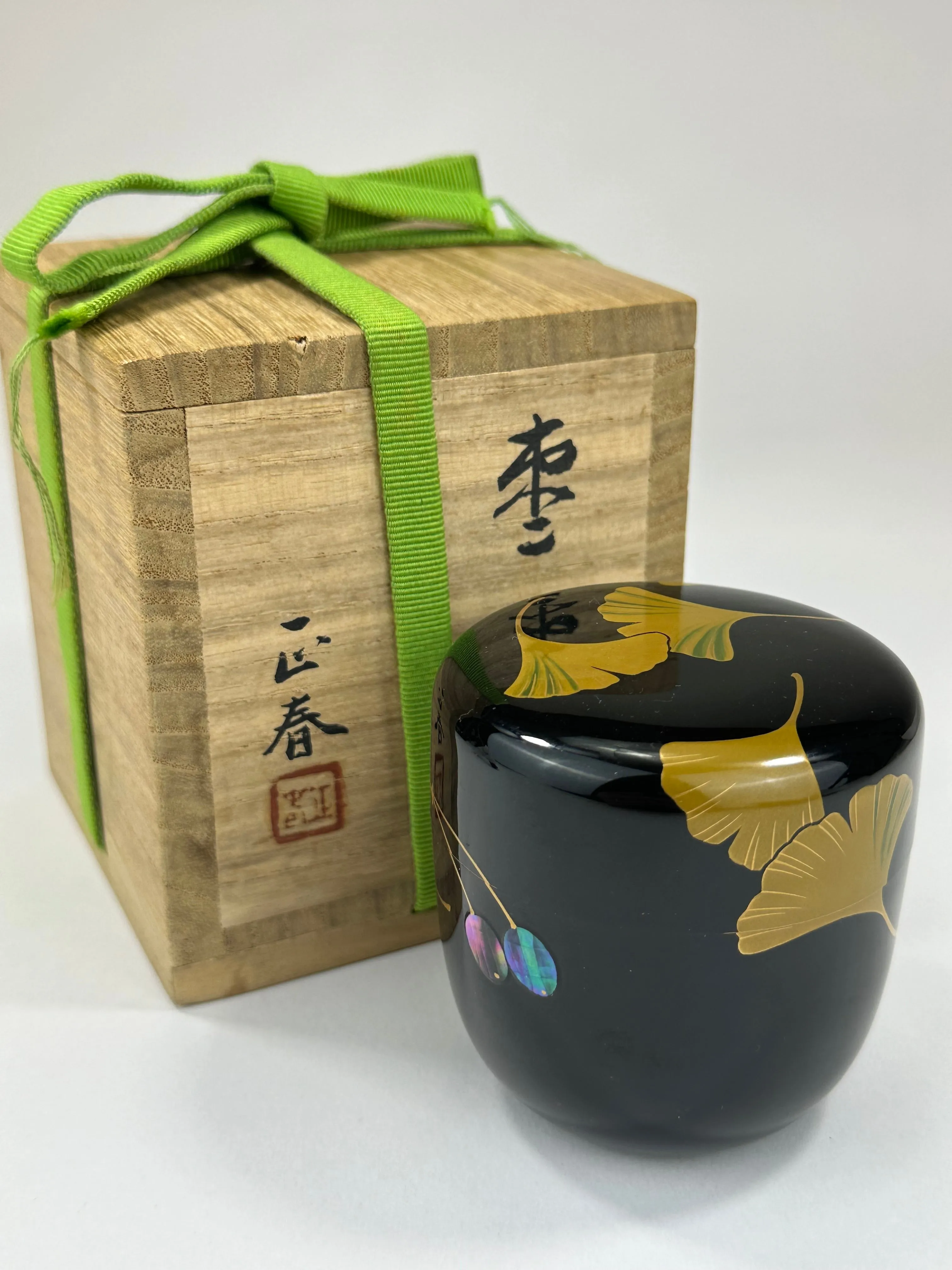 Japanese Tea Ceremony Natsume Black Lacquer Gold Makie Ginko 3”