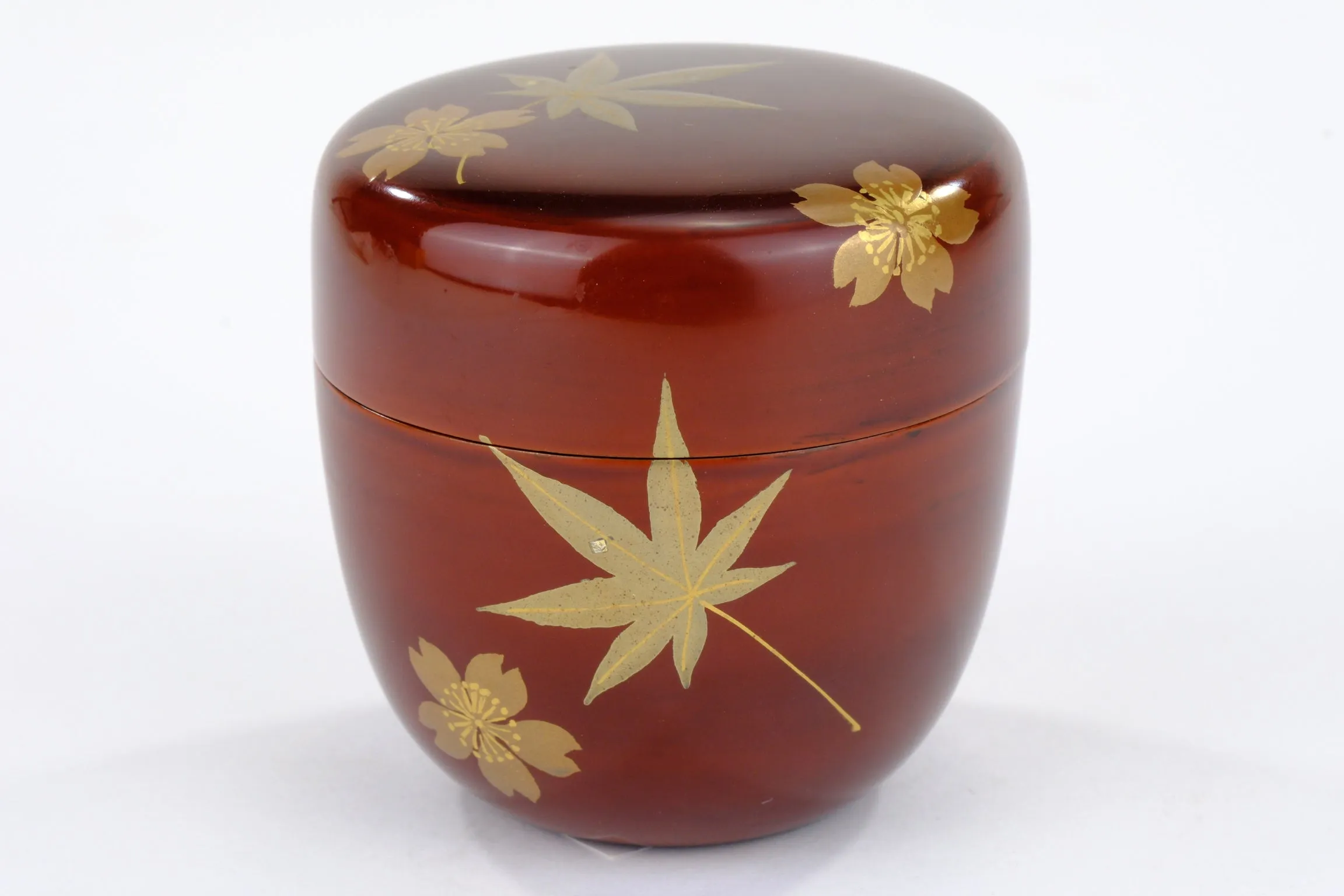 Japanese Tea Ceremony Natsume Tea Caddy Maple Leaf Motif w/ Kiri Wood Box