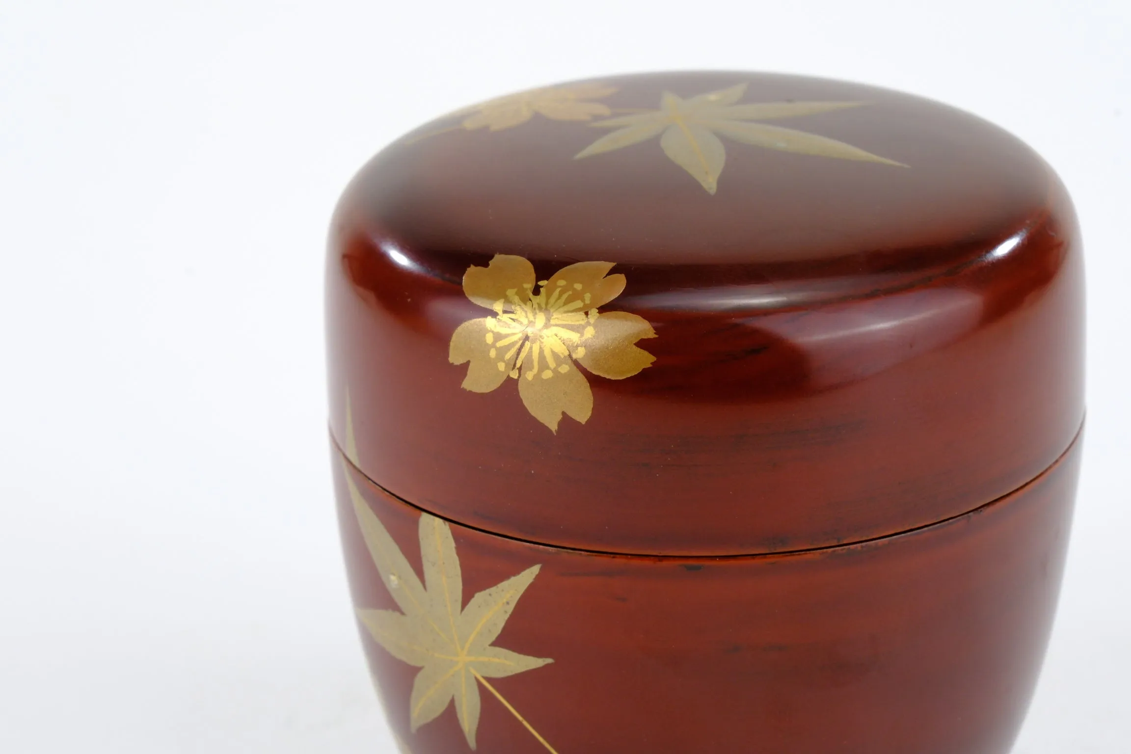 Japanese Tea Ceremony Natsume Tea Caddy Maple Leaf Motif w/ Kiri Wood Box