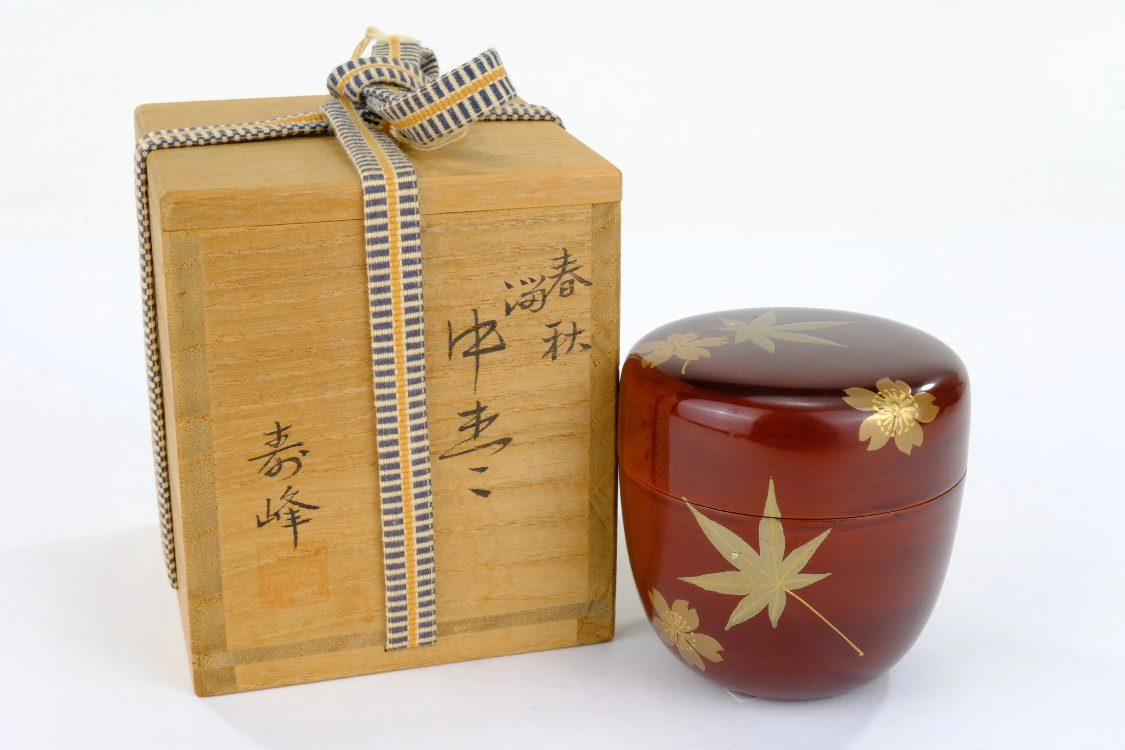 Japanese Tea Ceremony Natsume Tea Caddy Maple Leaf Motif w/ Kiri Wood Box