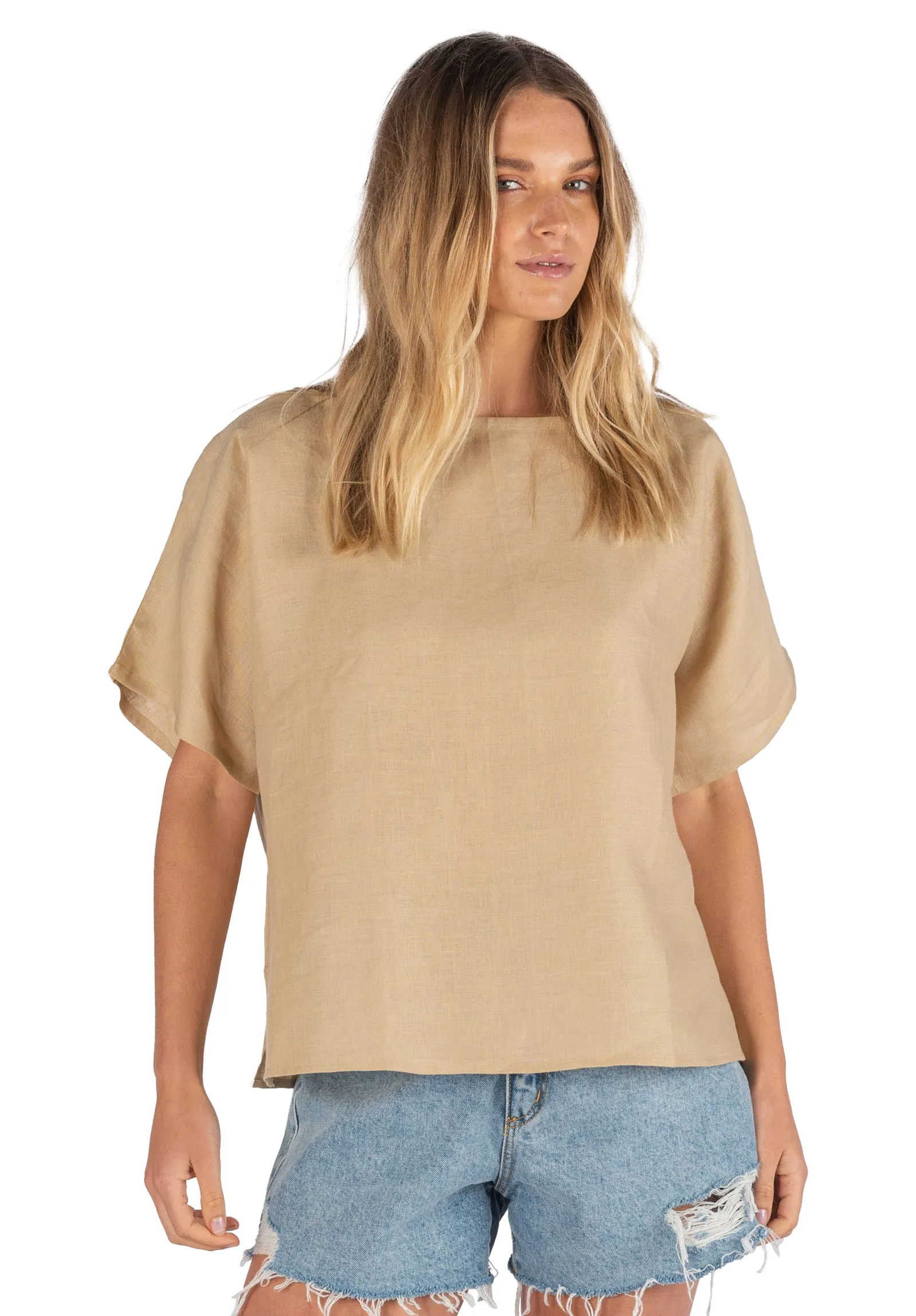 Kaori Caffe Latte Kimono Sleeve Linen Top