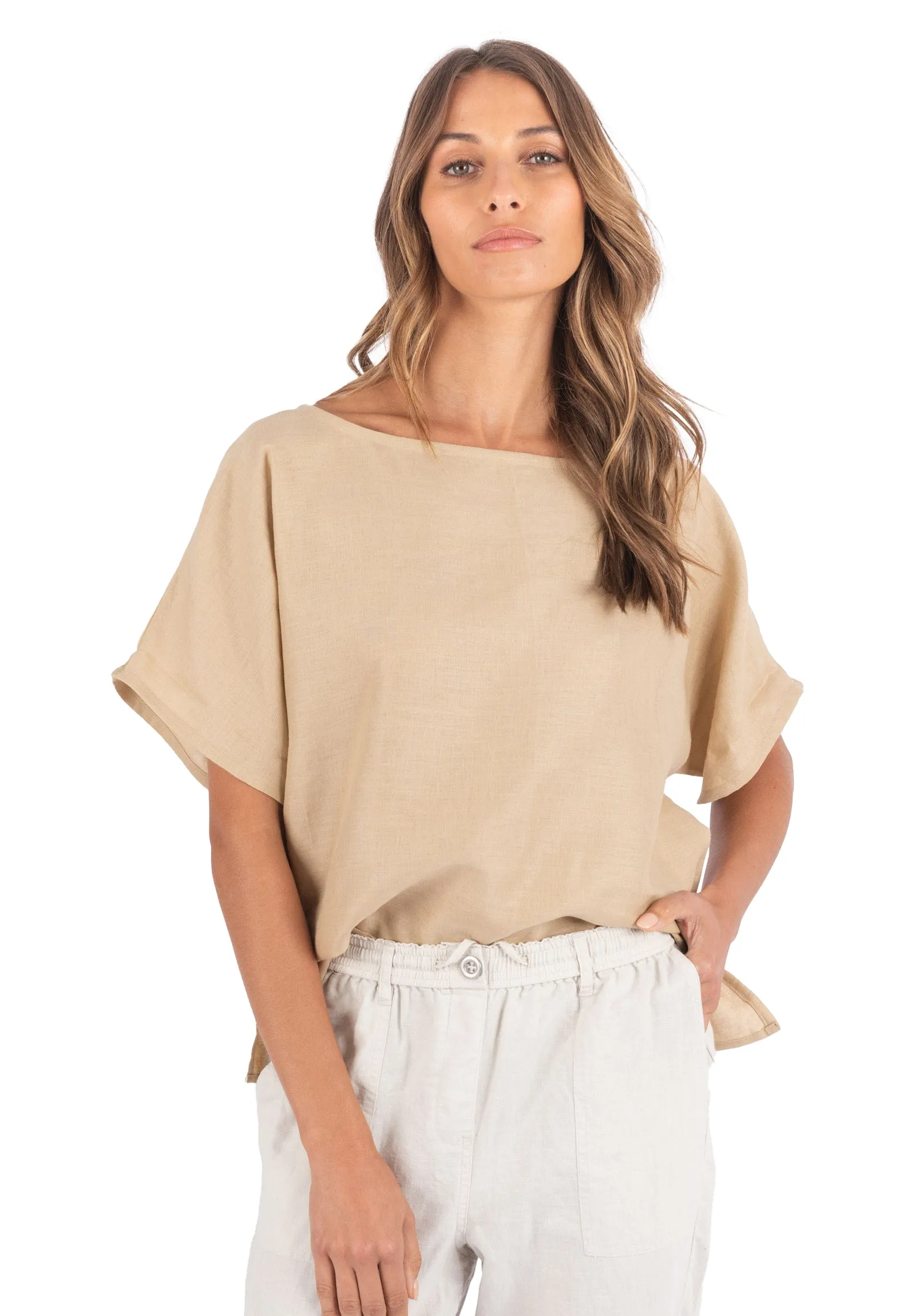 Kaori Caffe Latte Kimono Sleeve Linen Top