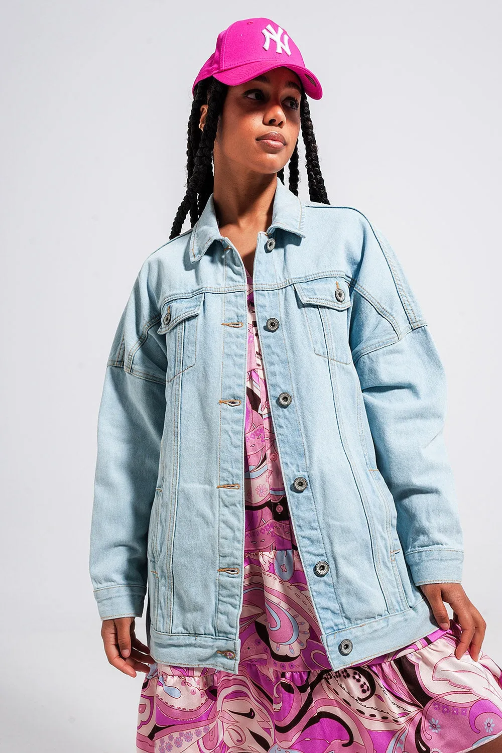 Longline Denim Jacket With Belt in Light Blue Wash