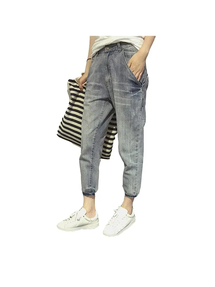 Loose Elastic Bleach Scratch Denim Pants