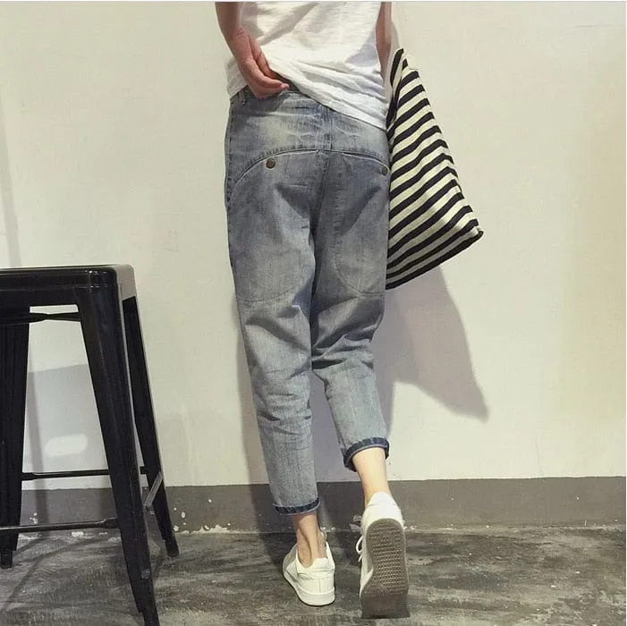 Loose Elastic Bleach Scratch Denim Pants