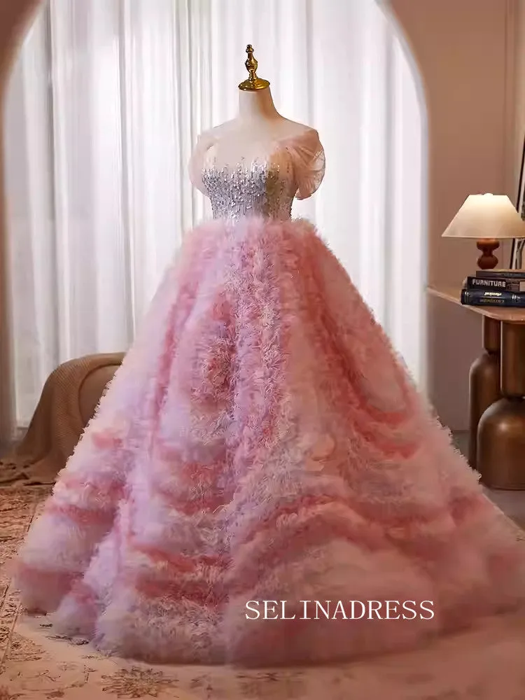 Lovely Pink Off-the-shoulder Ball Gown Princess Dress Elegant Beaded Formal Dress JKL2587