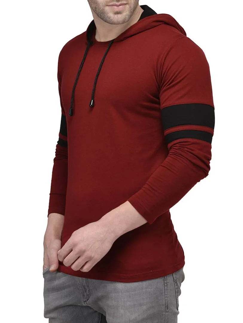 Maroon Cotton Self Pattern Hooded Tees