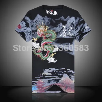 New Arrival Chinese Style 2016 Embroidery Dragon t shirt  Men's Round Neck Cotton, Shirts Men Black White Plus Size Shirt