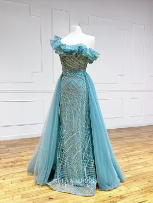 Off-the-shoulder Mermaid Elegant Beaded Long Formal Gown Overskirt Evening Dress #LOP605