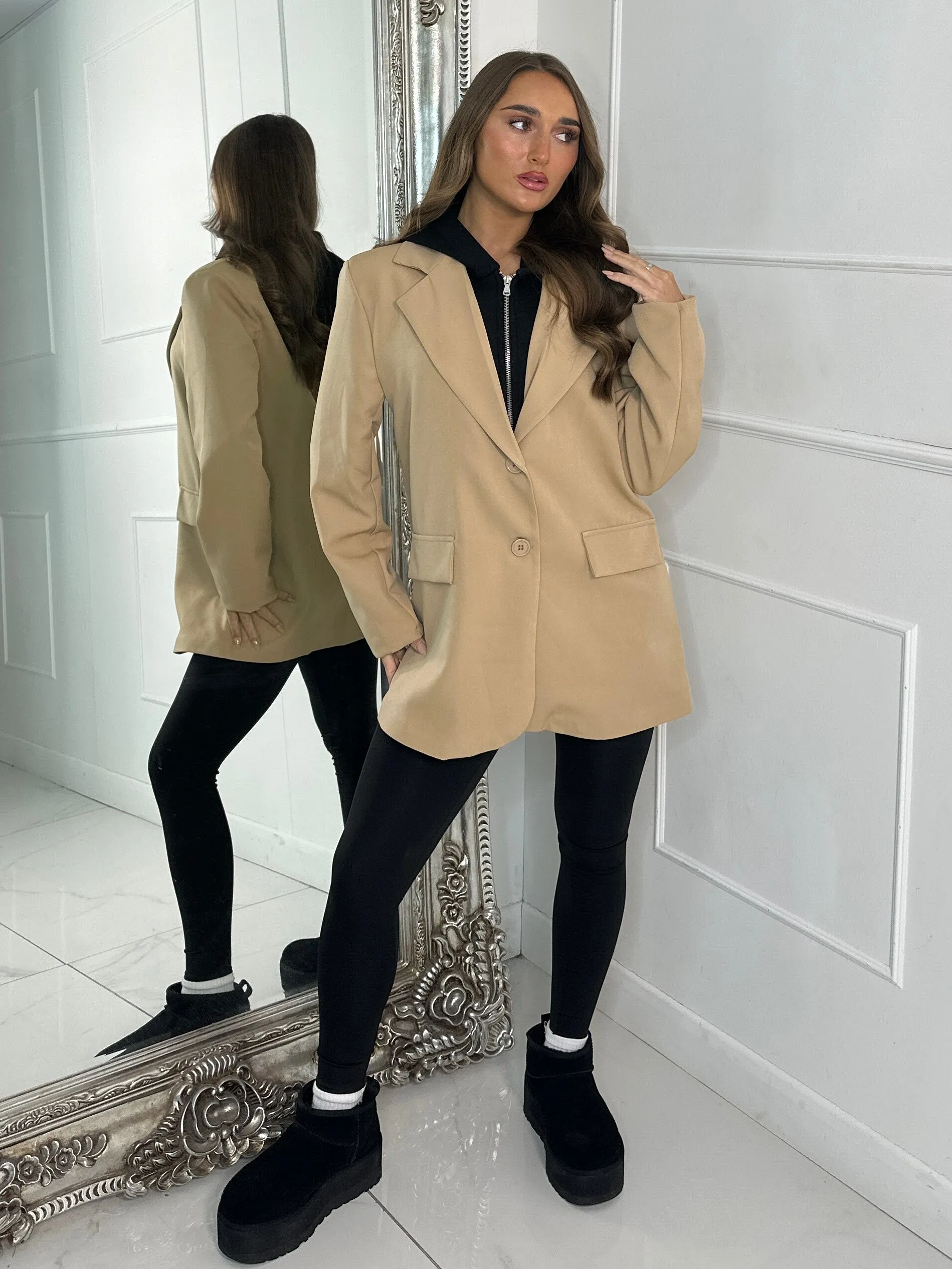 Oversized Blazer With Black Attached Hood - Dark Beige