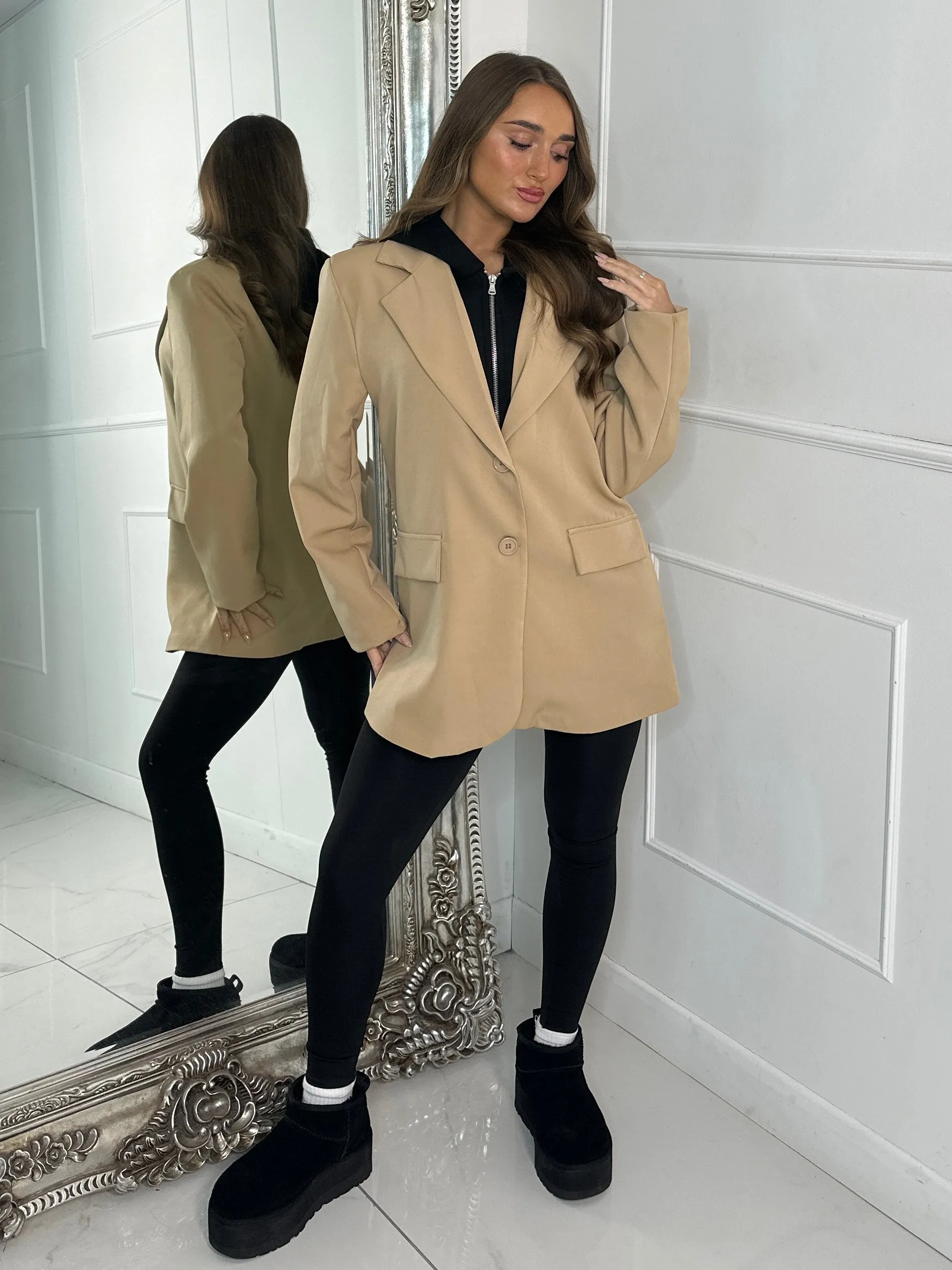 Oversized Blazer With Black Attached Hood - Dark Beige