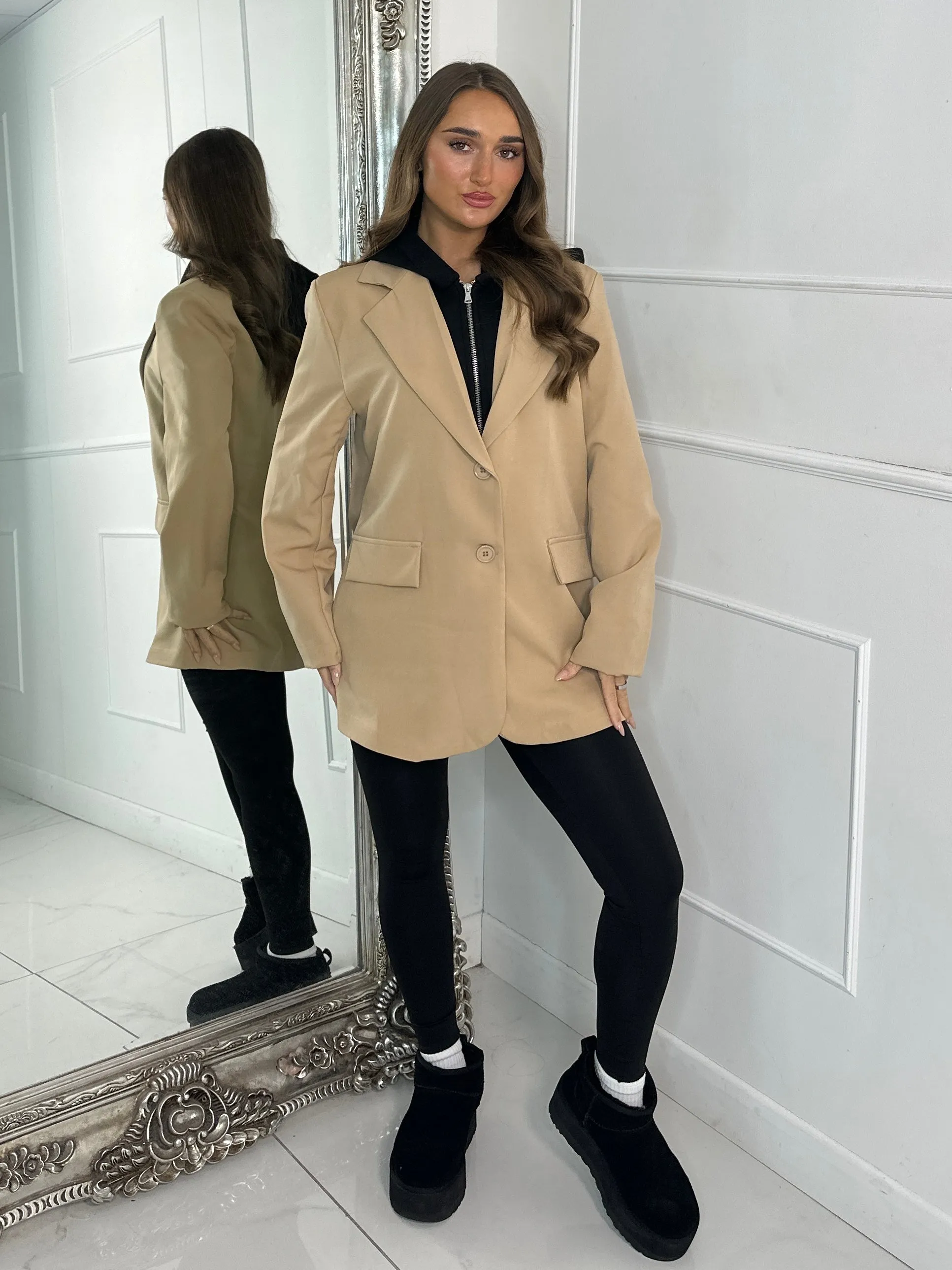 Oversized Blazer With Black Attached Hood - Dark Beige