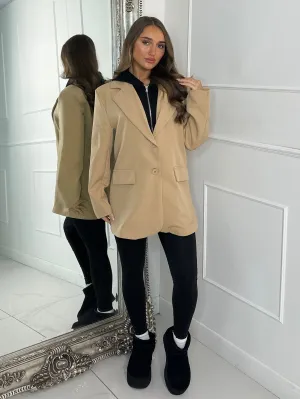 Oversized Blazer With Black Attached Hood - Dark Beige